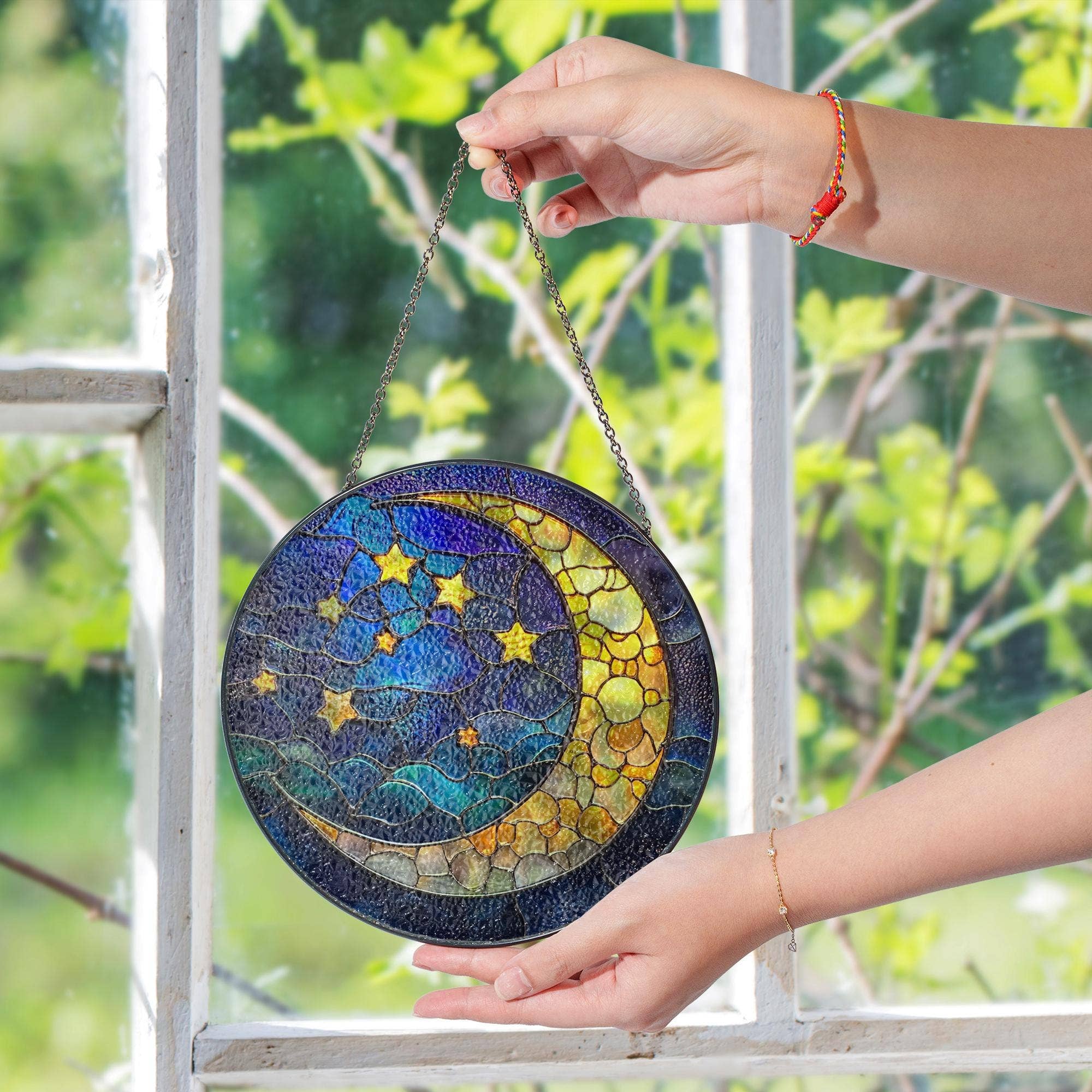 Moon and Stars Stained Glass Suncatcher, Mystical Night - Image 3