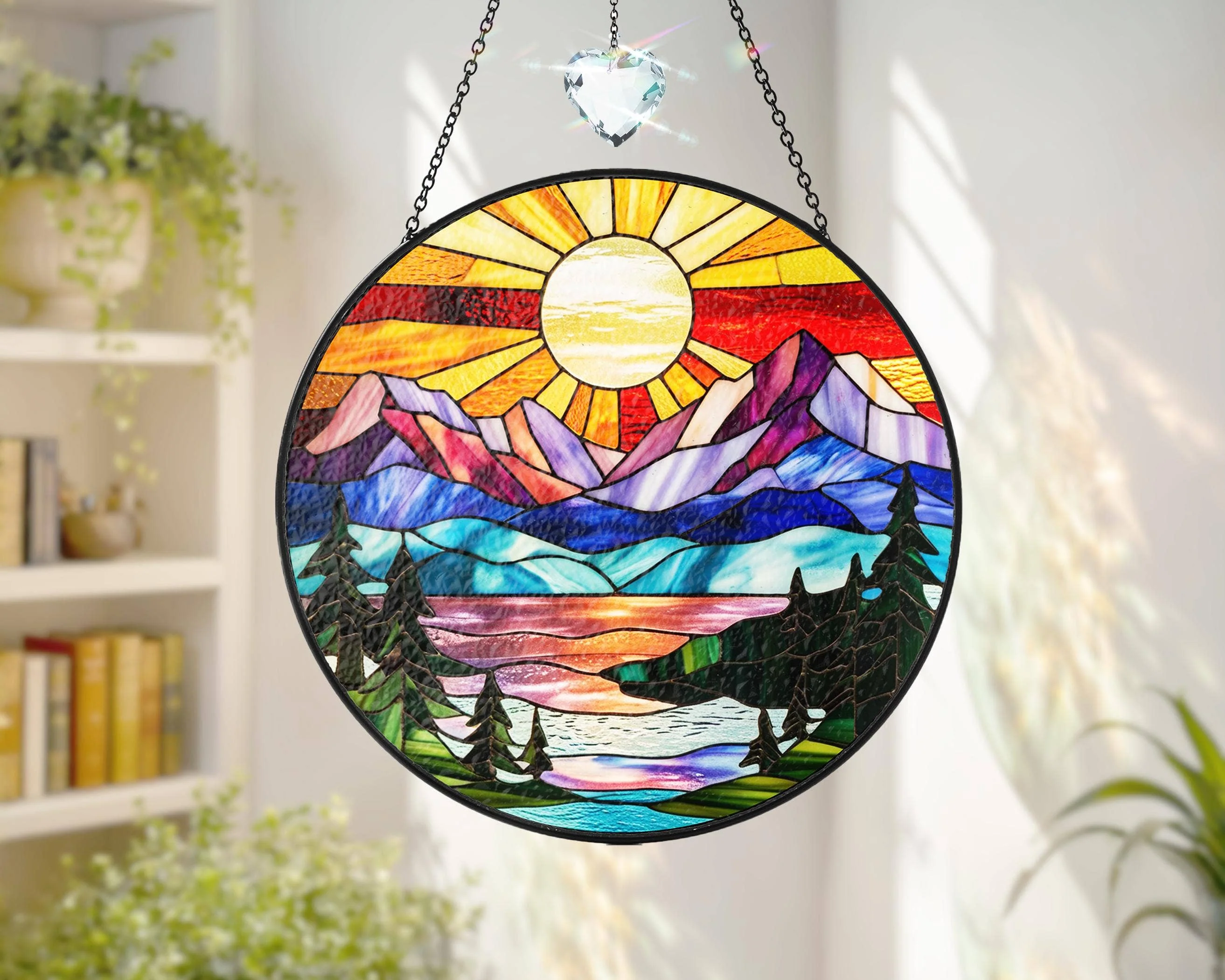 Mountain Range Stained Glass Suncatcher, Nature Decor Art