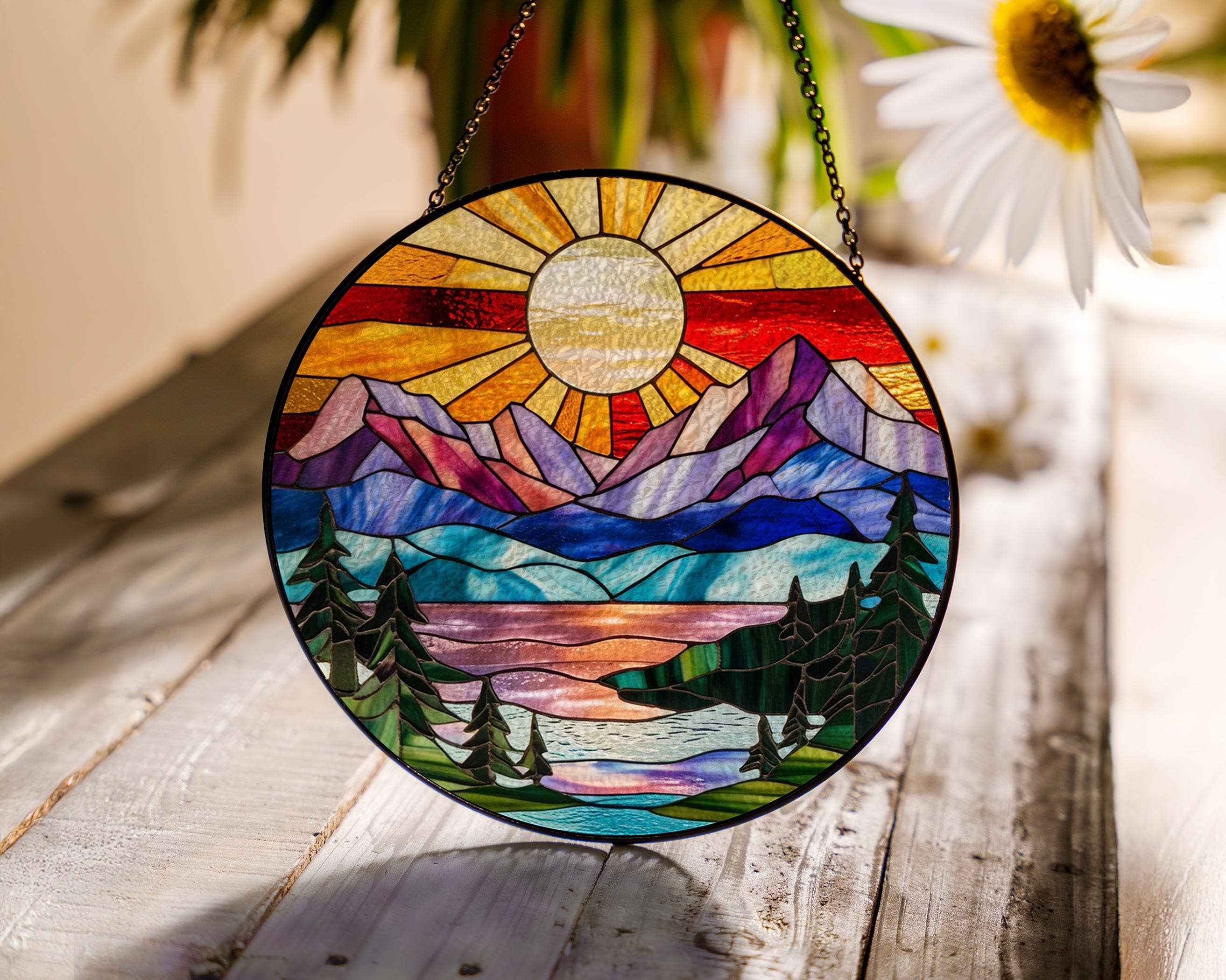 Mountain Range Stained Glass Suncatcher, Nature Decor Art - Image 2