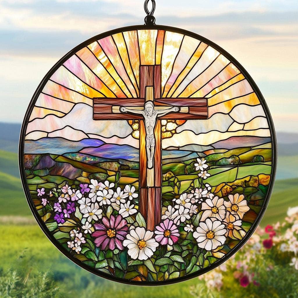 Stained Glass Cross And Wildflowers Suncatcher, Christian - Image 2