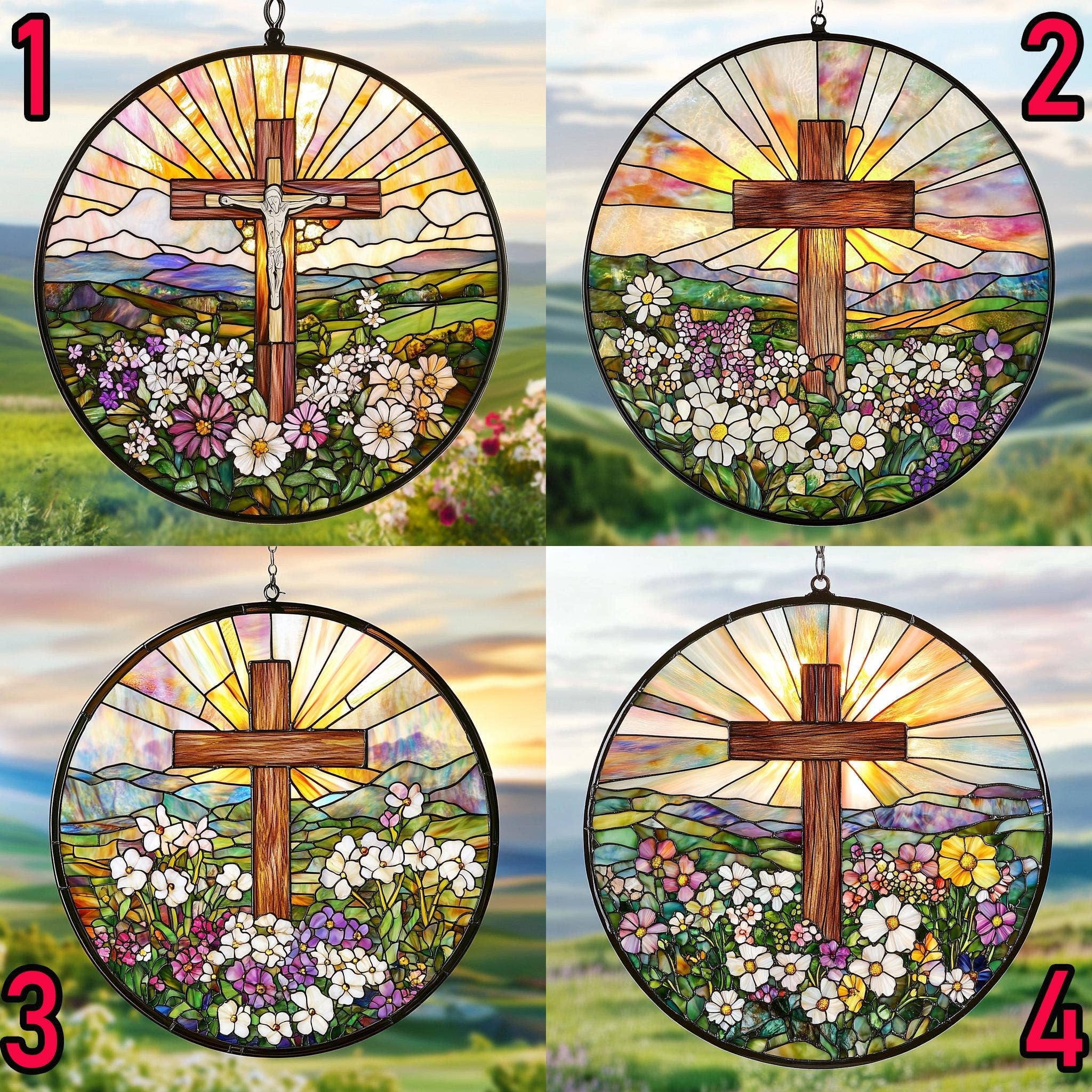 Stained Glass Cross And Wildflowers Suncatcher, Christian - Image 3