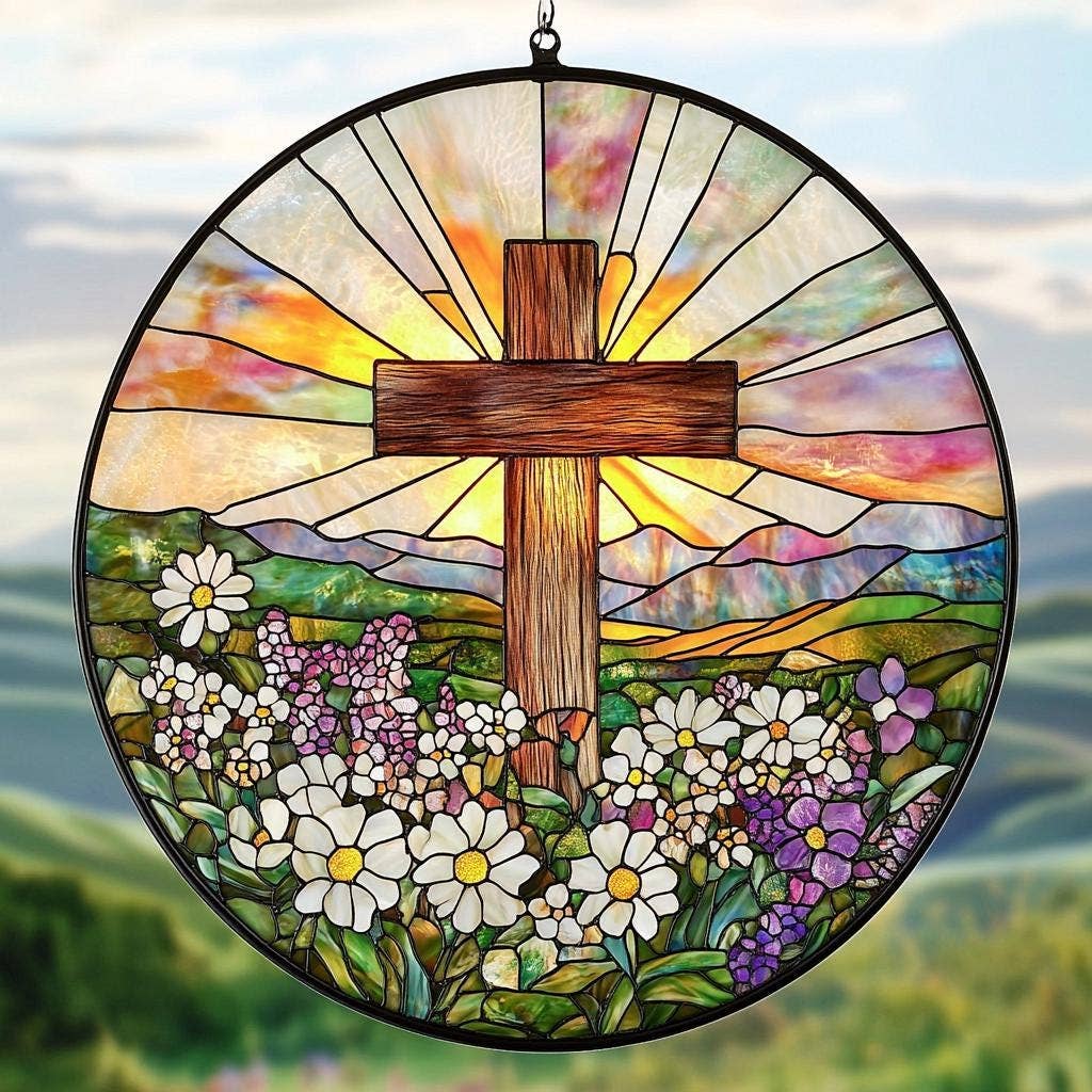 Stained Glass Cross And Wildflowers Suncatcher, Christian - Image 4
