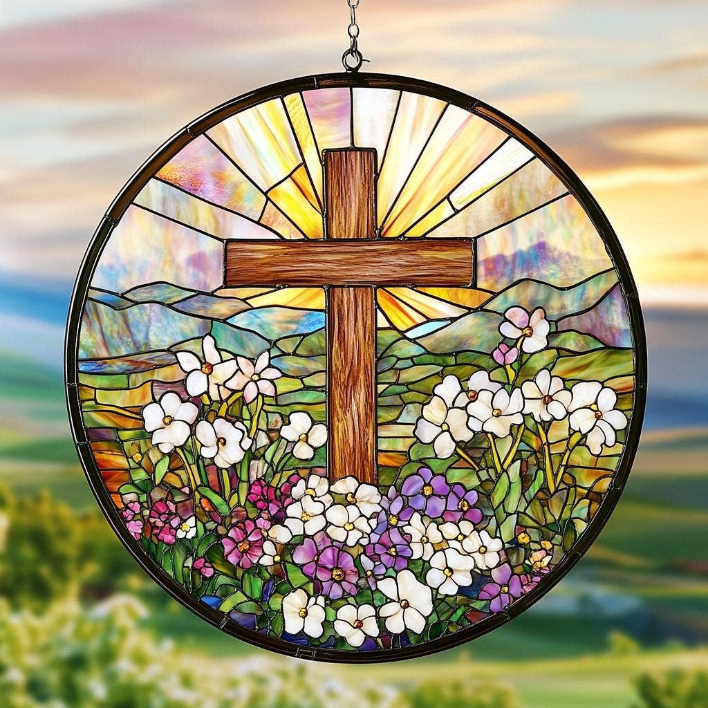 Stained Glass Cross And Wildflowers Suncatcher, Christian - Image 5