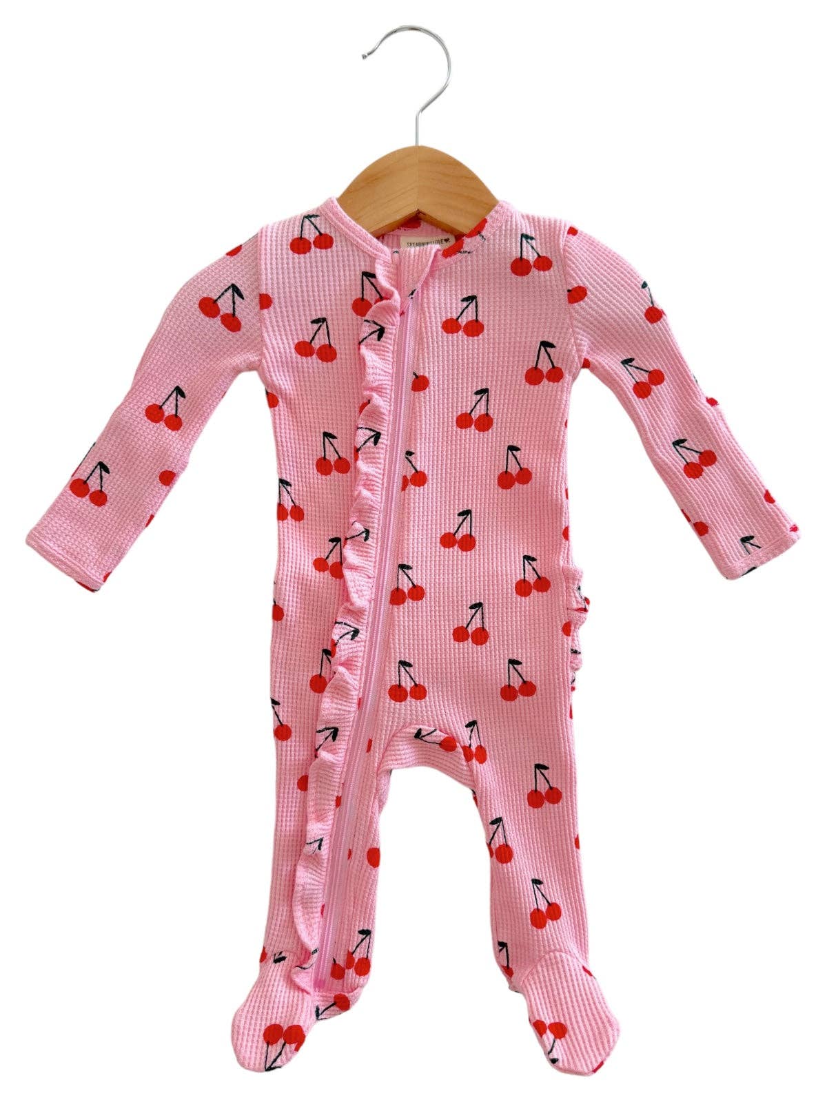 Organic Waffle 2-Way Zip Ruffle Footie, Pink Cherries: 0 - 3 mo. - Image 2