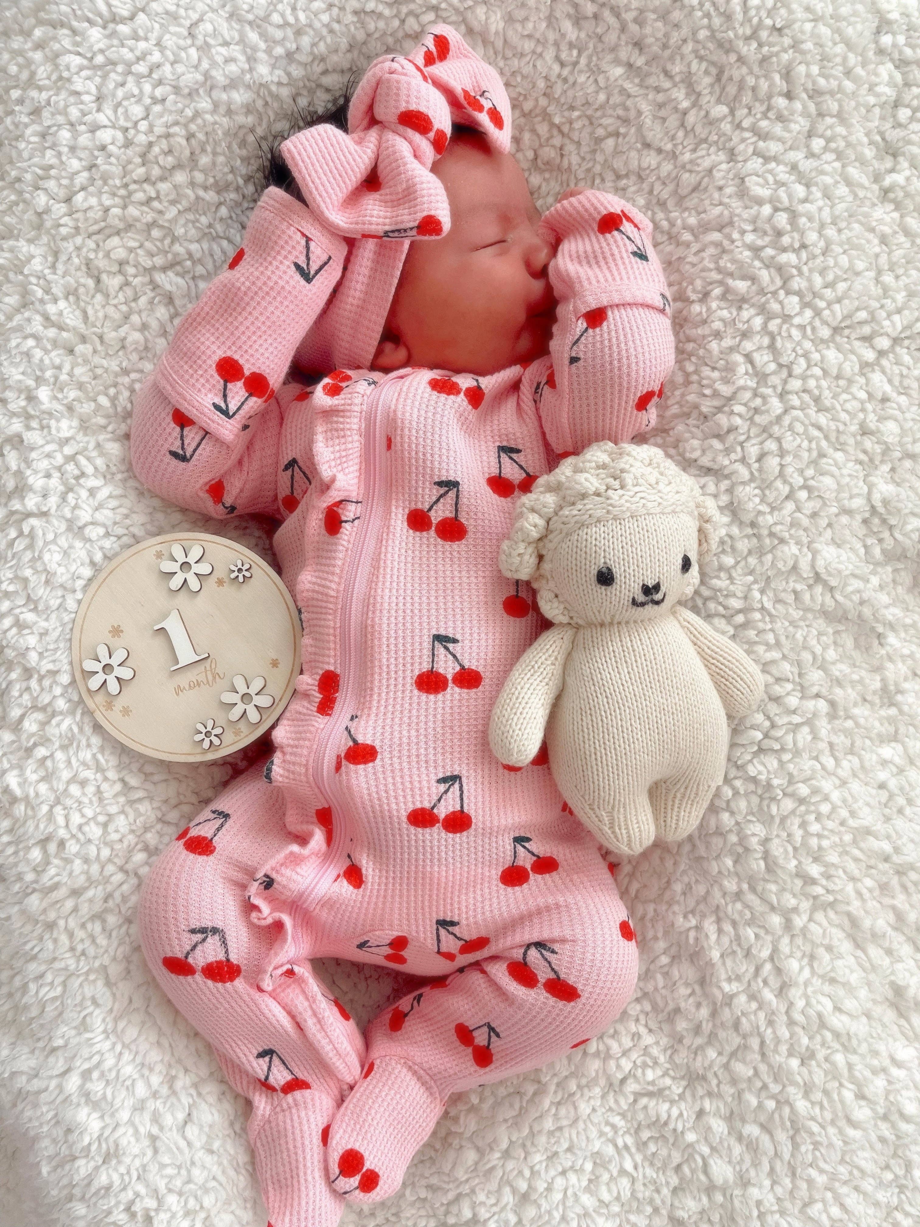 Organic Waffle 2-Way Zip Ruffle Footie, Pink Cherries: 0 - 3 mo. - Image 3