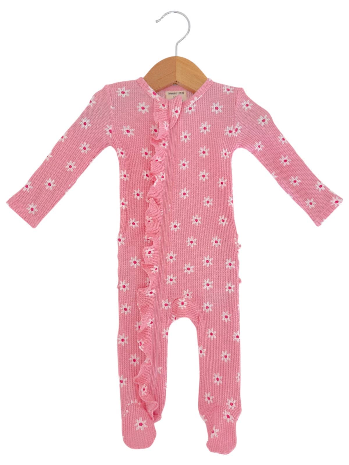 Organic Waffle 2-Way Zip Ruffle Footie, Pink Flower - Image 2