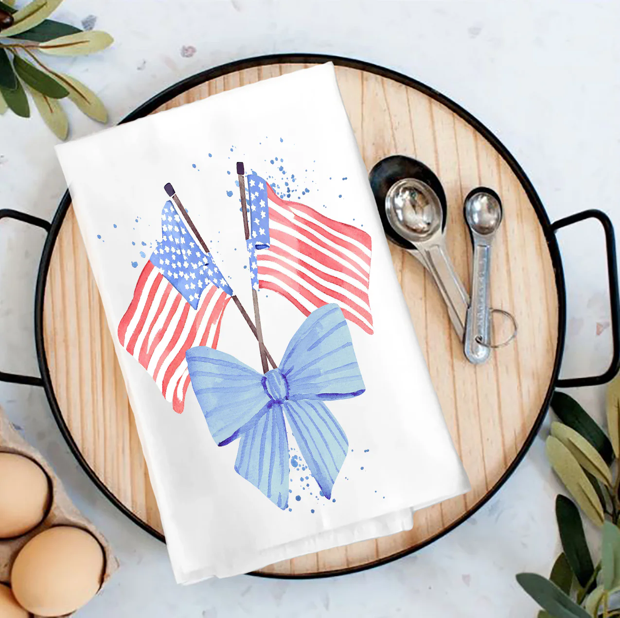 Patriotic Watercolor Flag Bow Tea Towel