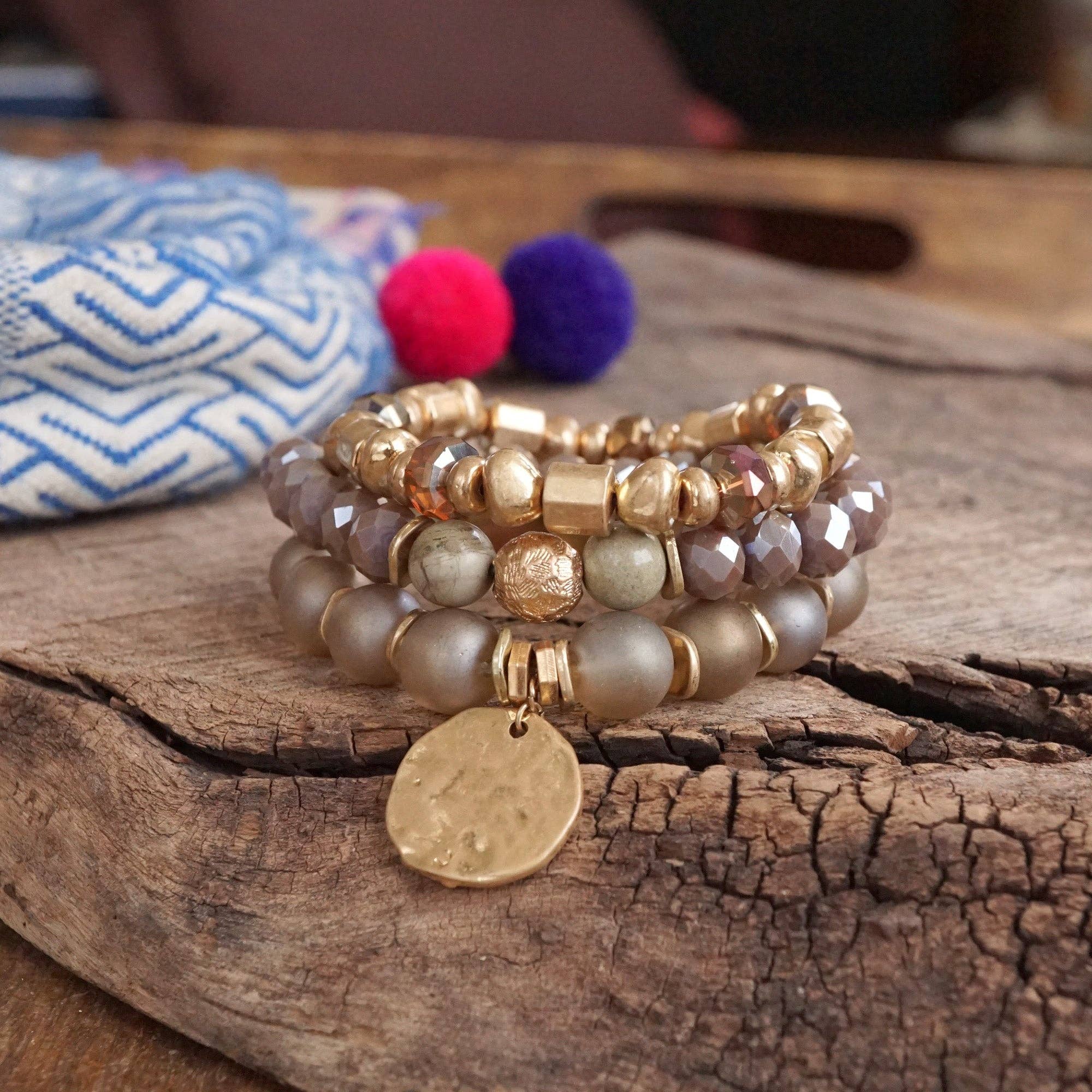 Boho Beads Coin Bracelets Statement set in Rose Pink - Image 5