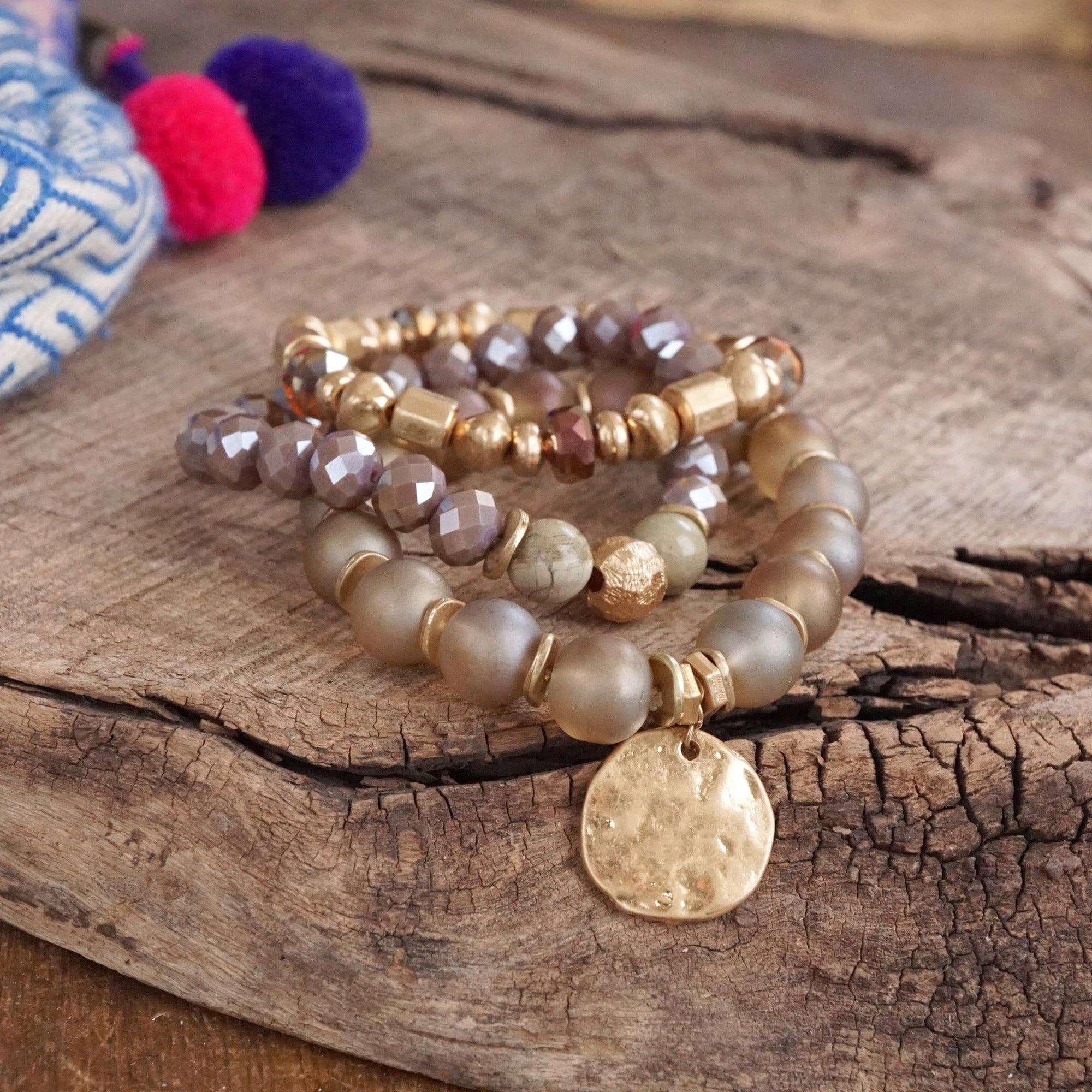 Boho Beads Coin Bracelets Statement set in Rose Pink - Image 6