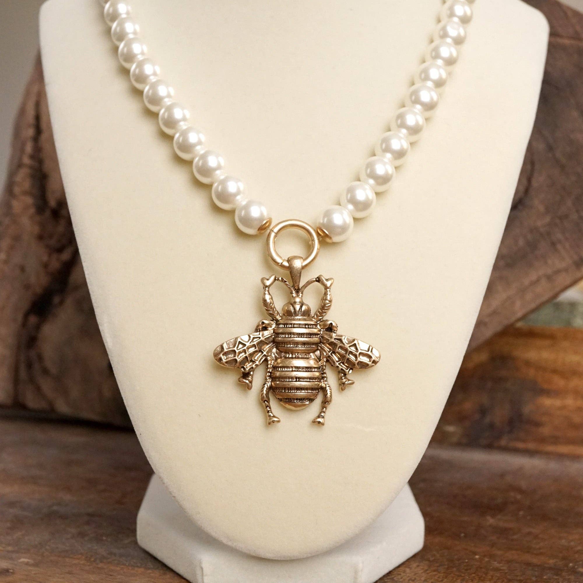 Boho Bee Pearls Statement Timeless Necklace in Worn Gold - Image 2