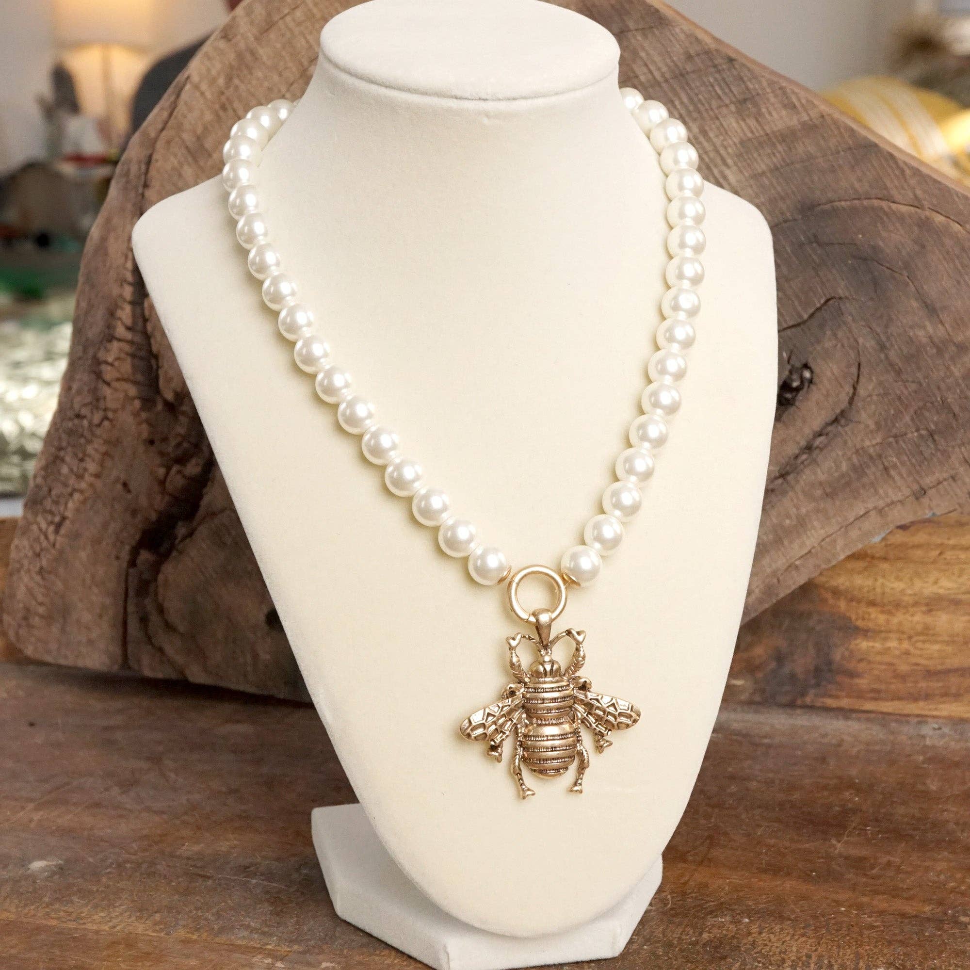 Boho Bee Pearls Statement Timeless Necklace in Worn Gold - Image 3