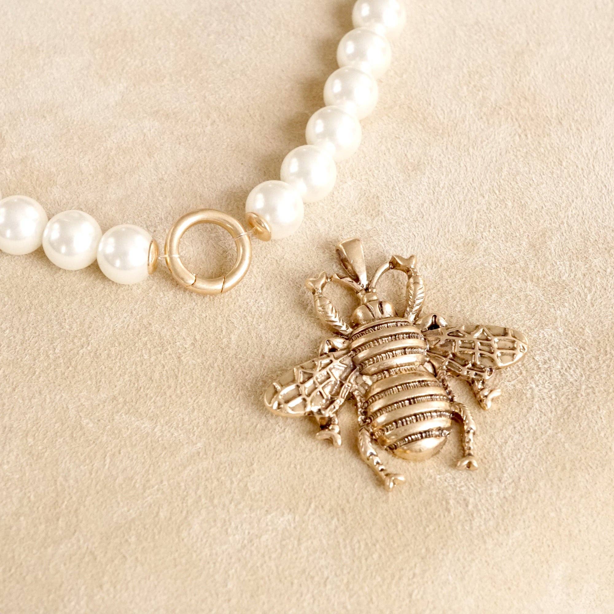 Boho Bee Pearls Statement Timeless Necklace in Worn Gold - Image 4