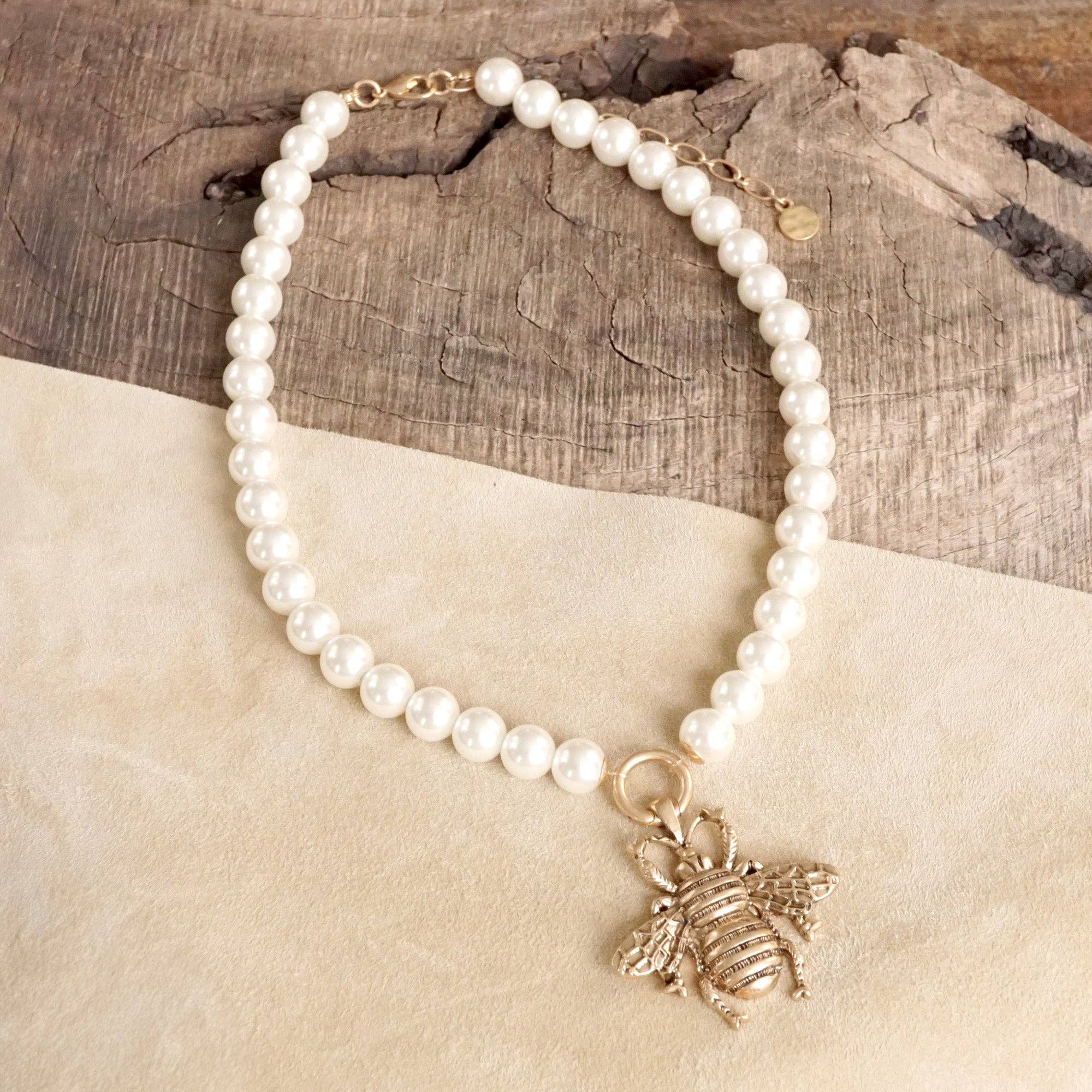 Boho Bee Pearls Statement Timeless Necklace in Worn Gold - Image 5