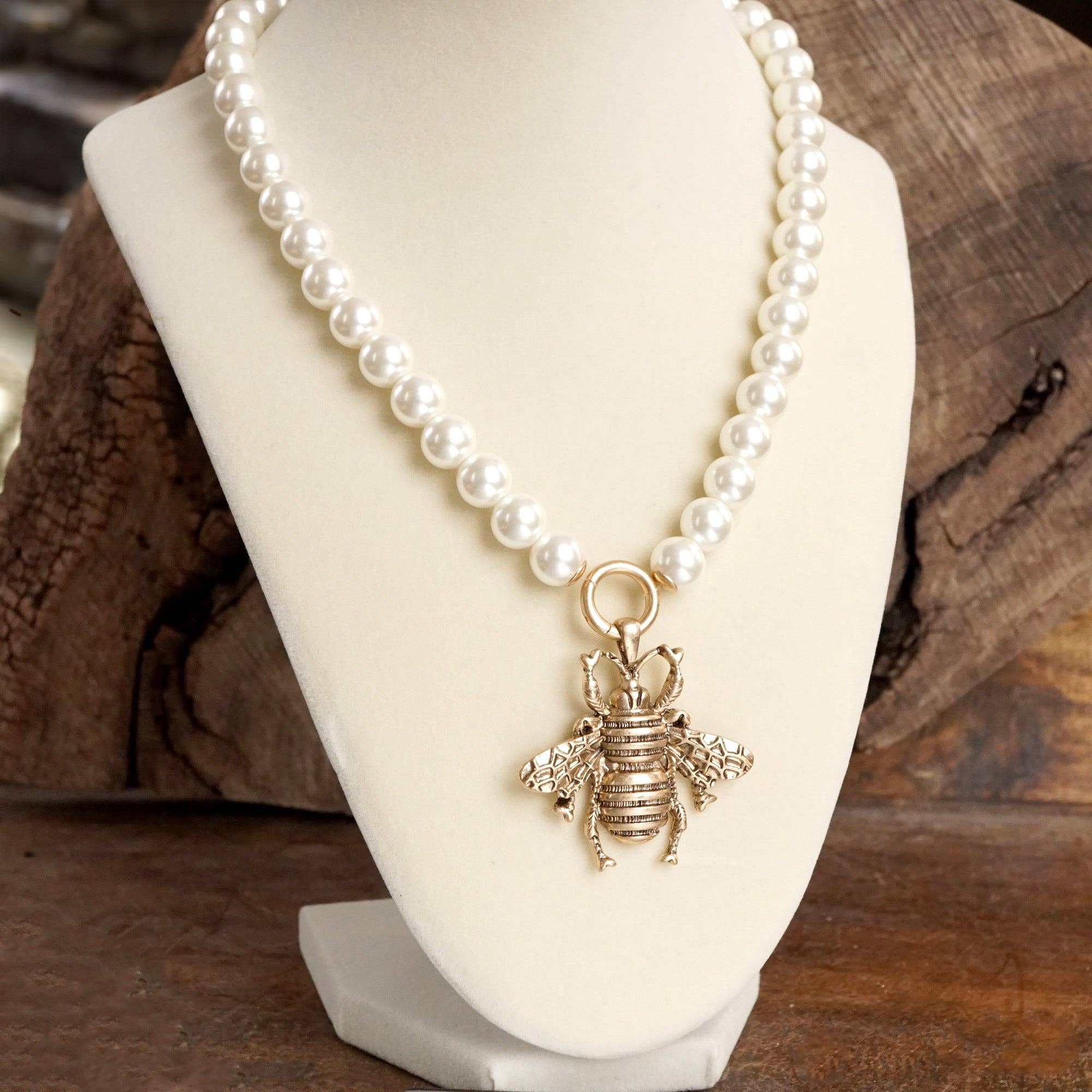 Boho Bee Pearls Statement Timeless Necklace in Worn Gold - Image 7