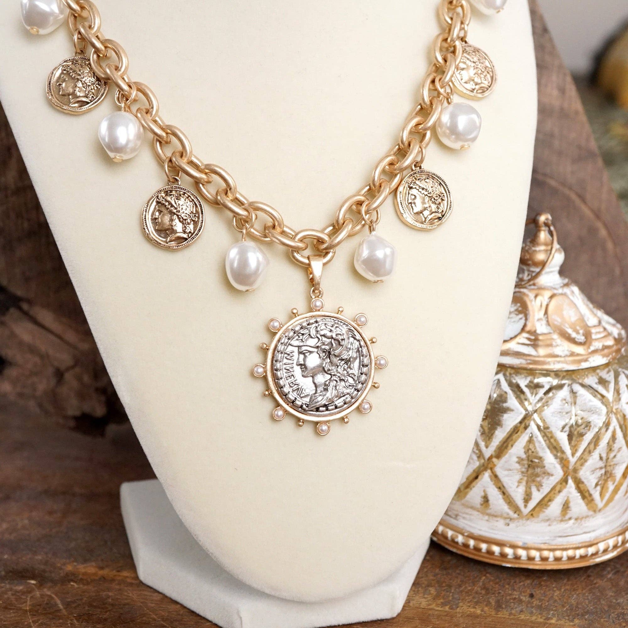 Boho Coin and Pearl Charms Statement Necklace – Gold and Silver Tone - Image 2