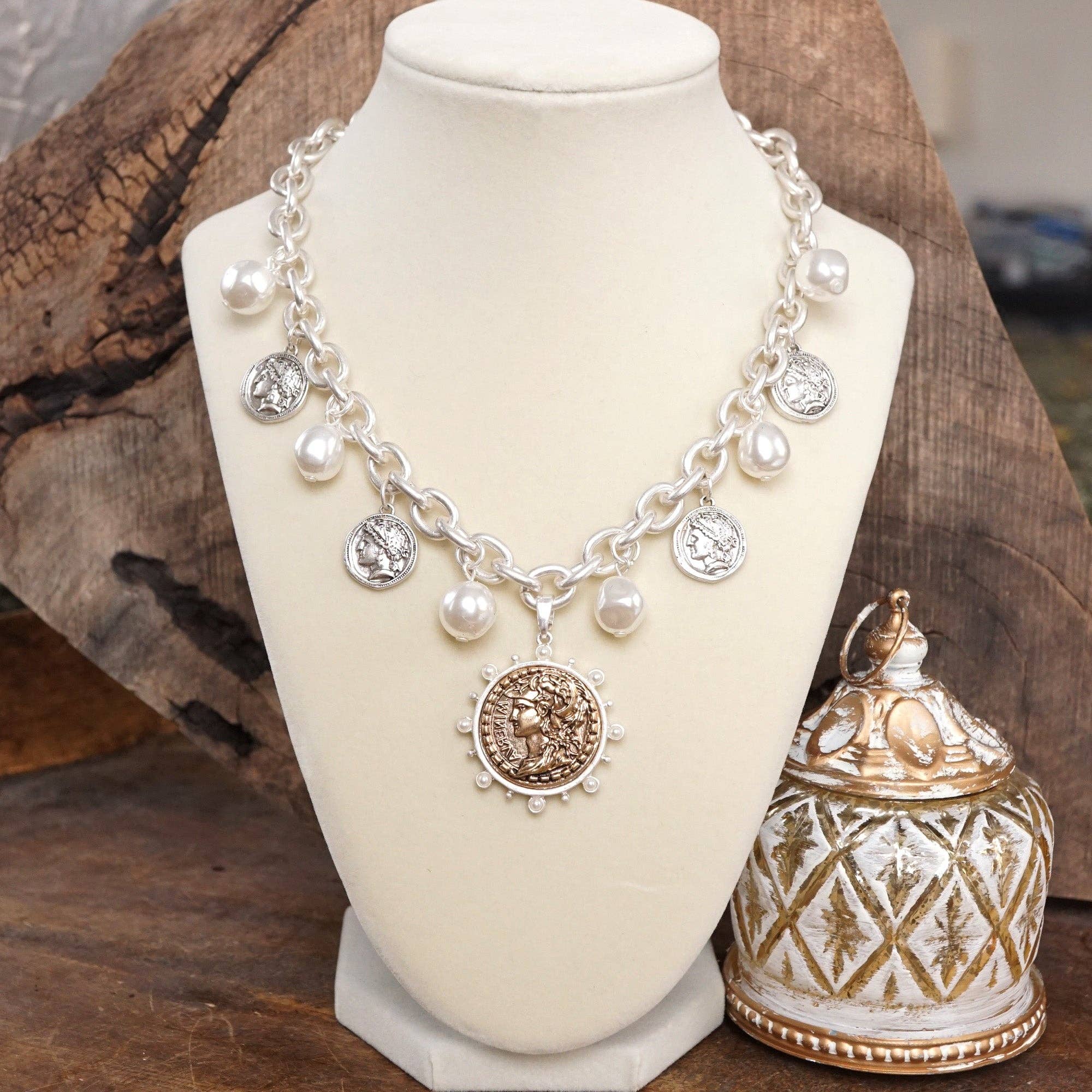 Boho Coin and Pearl Charms Statement Necklace – Gold and Silver Tone - Image 3