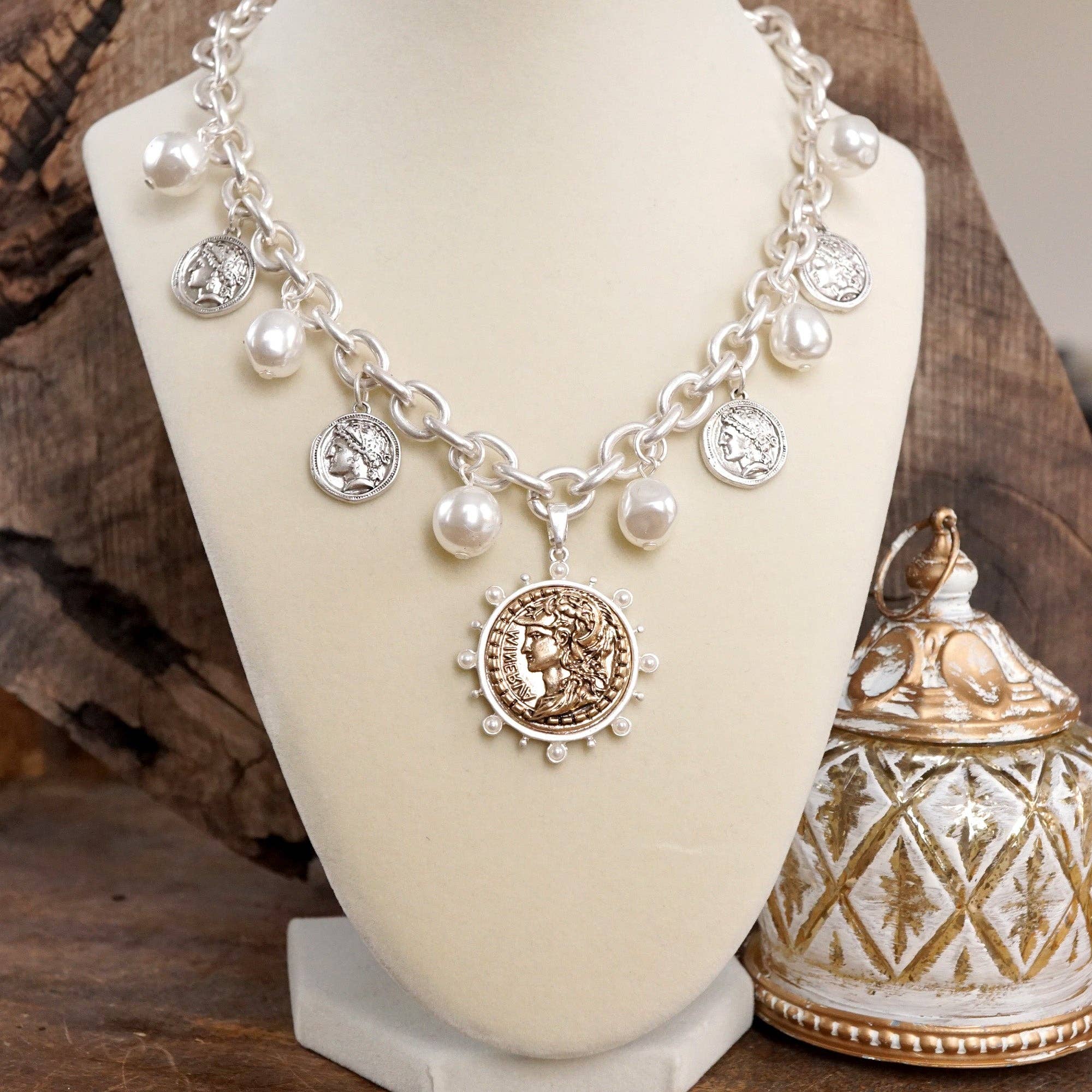 Boho Coin and Pearl Charms Statement Necklace – Gold and Silver Tone - Image 4