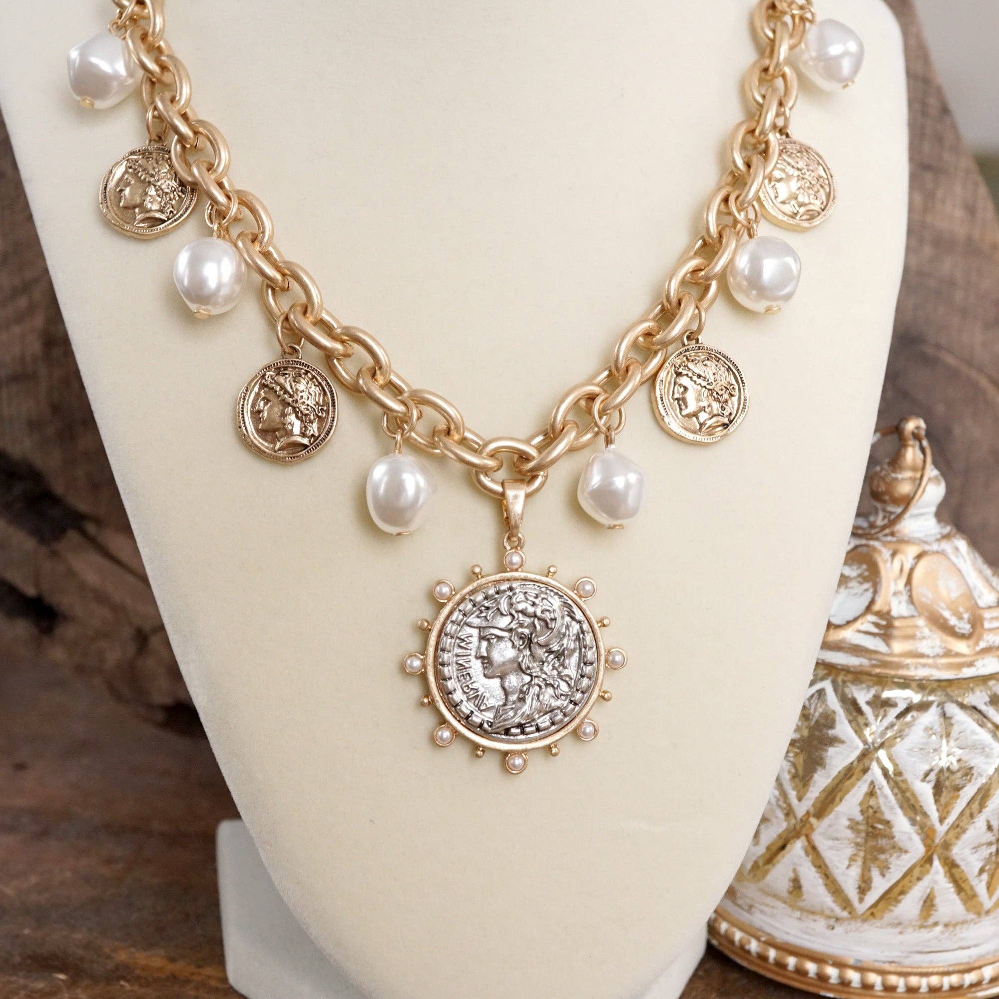 Boho Coin and Pearl Charms Statement Necklace – Gold and Silver Tone - Image 5