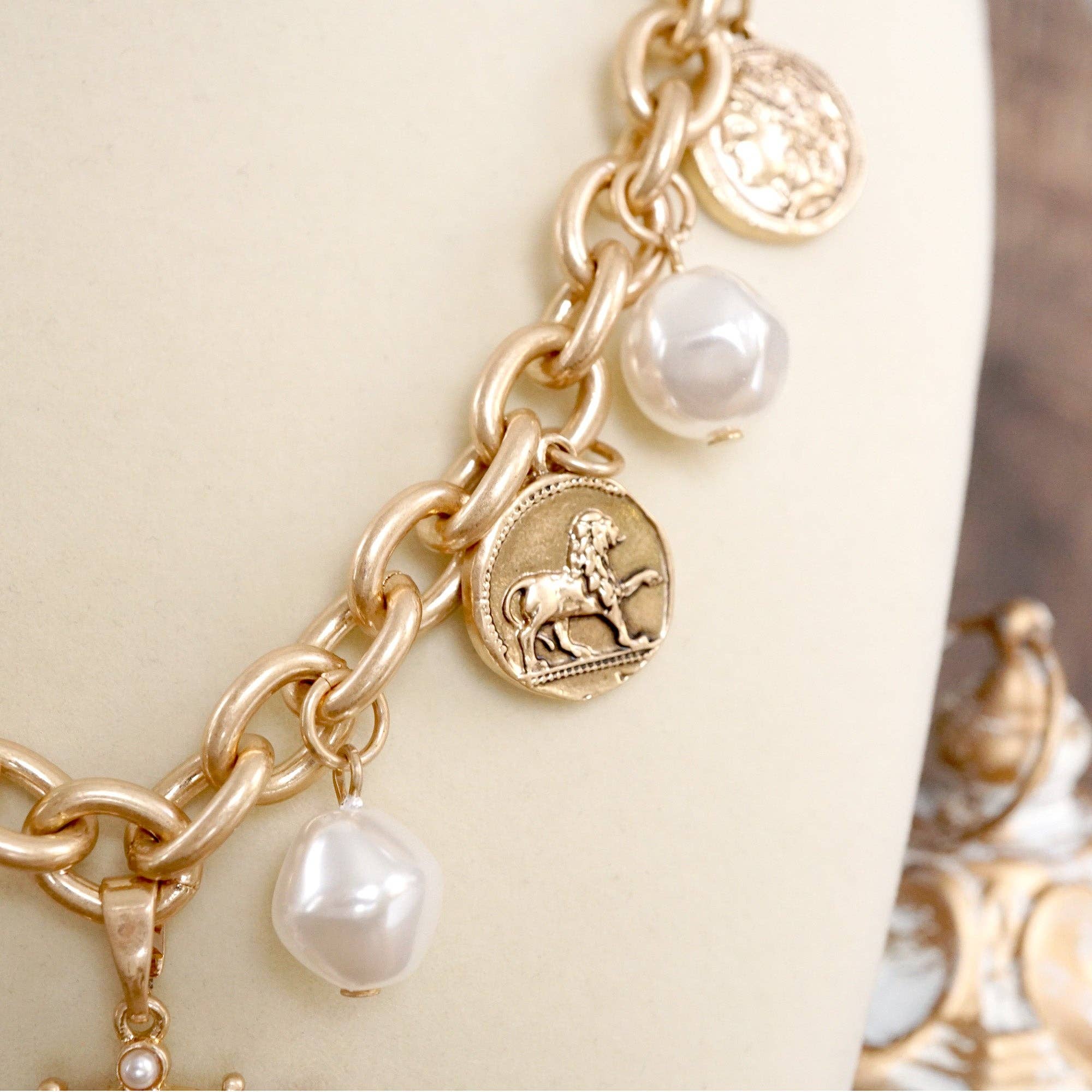 Boho Coin and Pearl Charms Statement Necklace – Gold and Silver Tone - Image 6