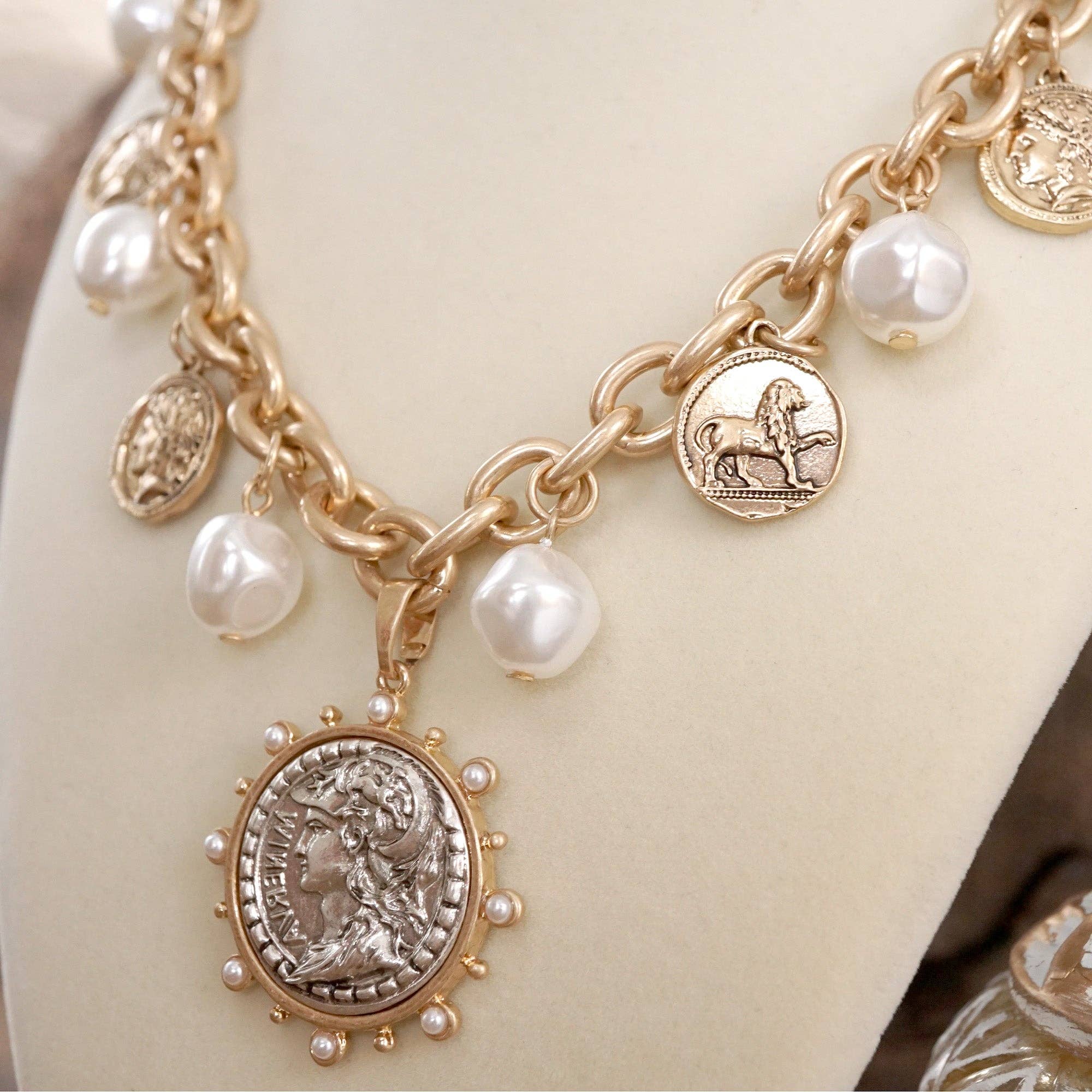 Boho Coin and Pearl Charms Statement Necklace – Gold and Silver Tone - Image 7