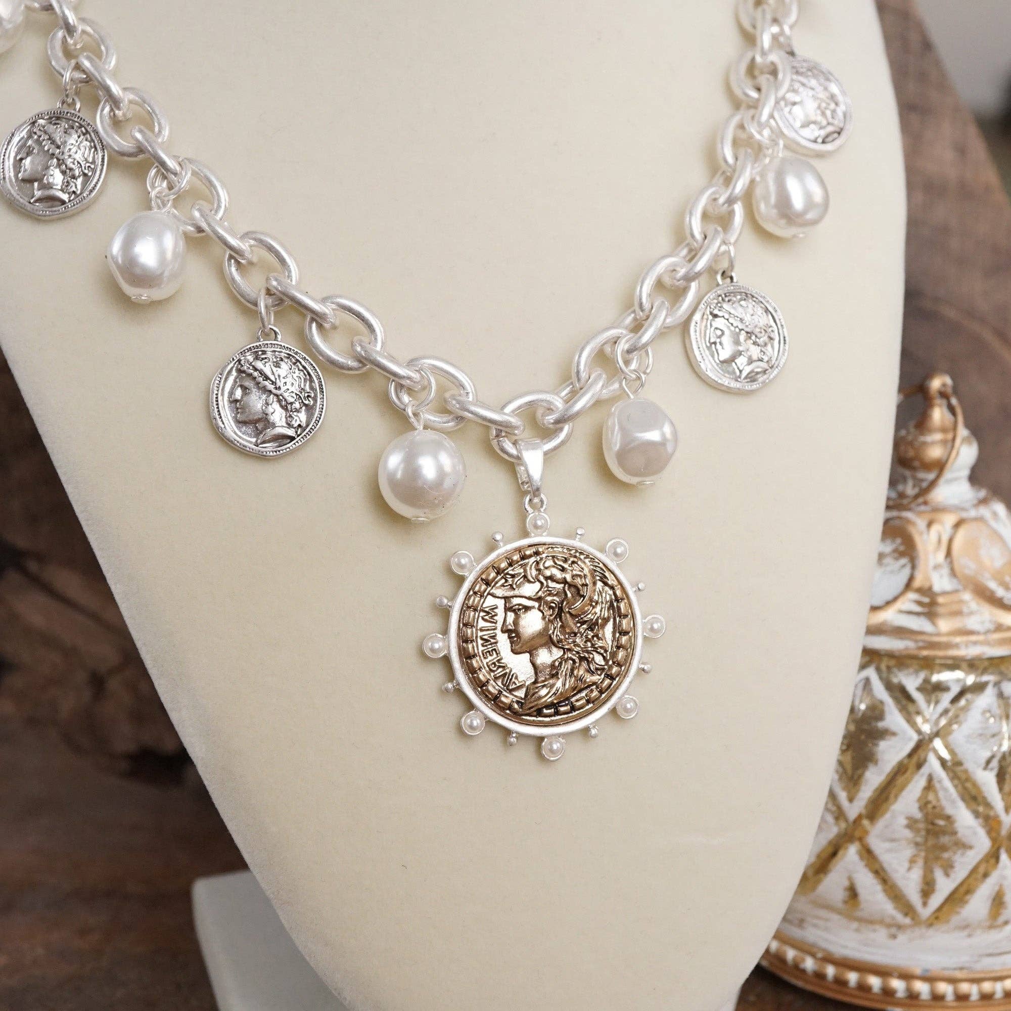 Boho Coin and Pearl Charms Statement Necklace – Gold and Silver Tone - Image 8