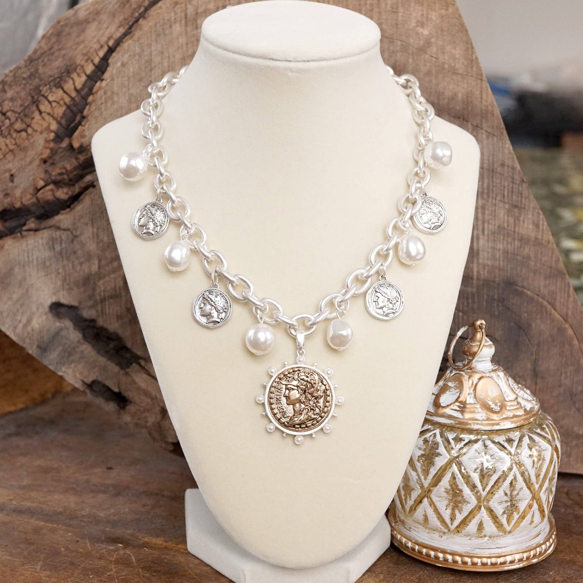Boho Coin and Pearl Charms Statement Necklace – Gold and Silver Tone - Image 9