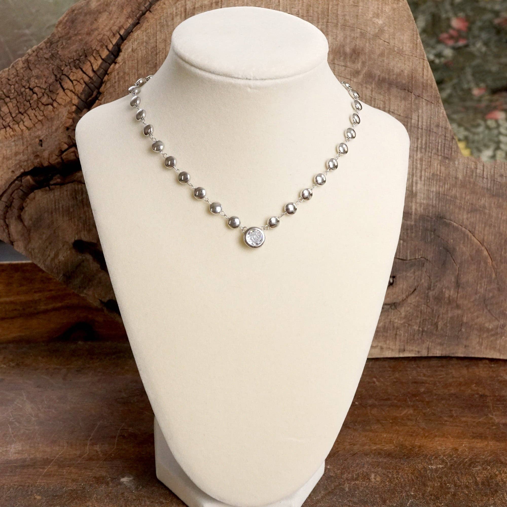 PennyLine inc - Clear Crystal Bezel Pendant Dot Chain Neckline Necklace - Image 6