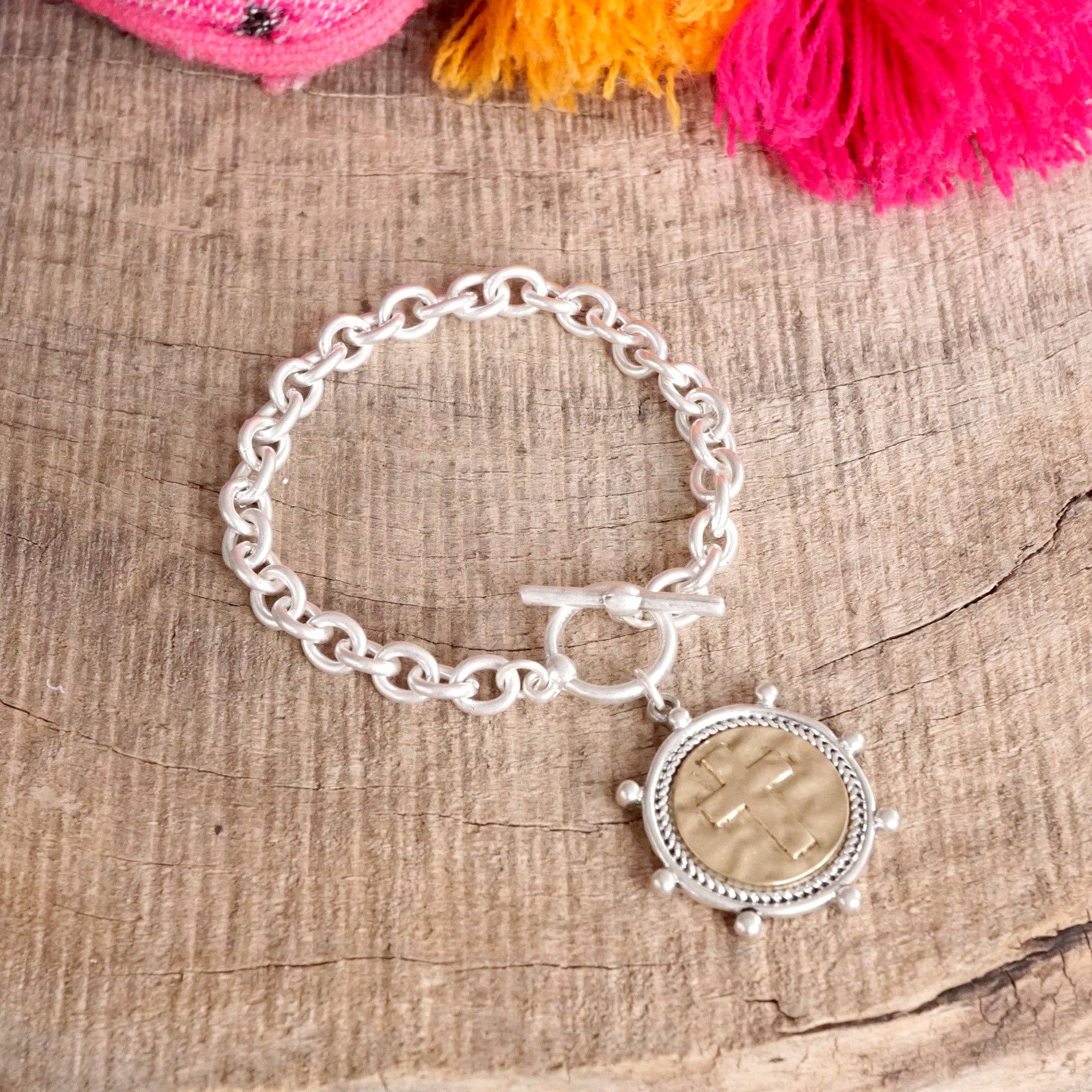 Cross Coin Chain Bracelet Toggle Closure Silver or Gold Tone - Image 2