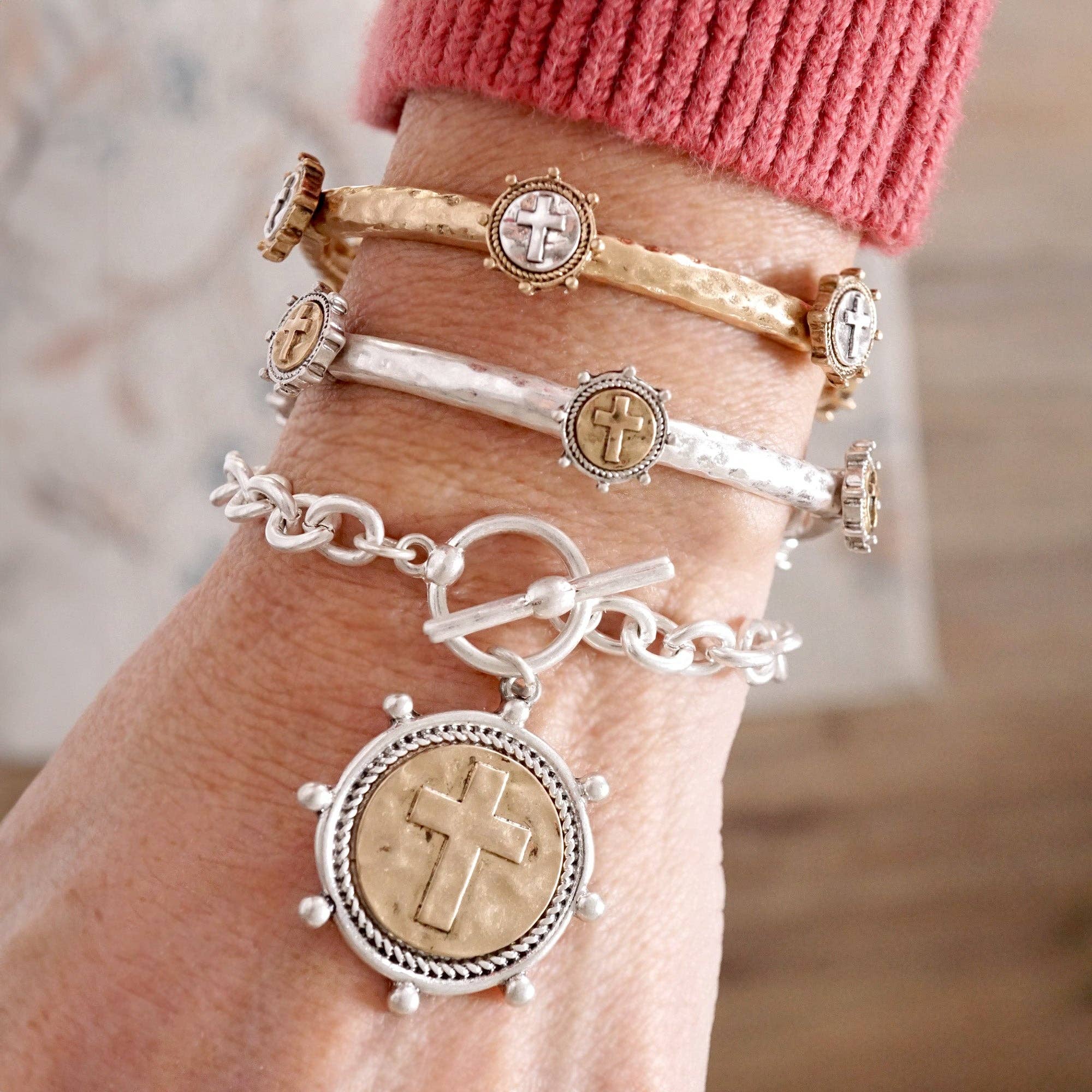 Cross Coin Chain Bracelet Toggle Closure Silver or Gold Tone - Image 3