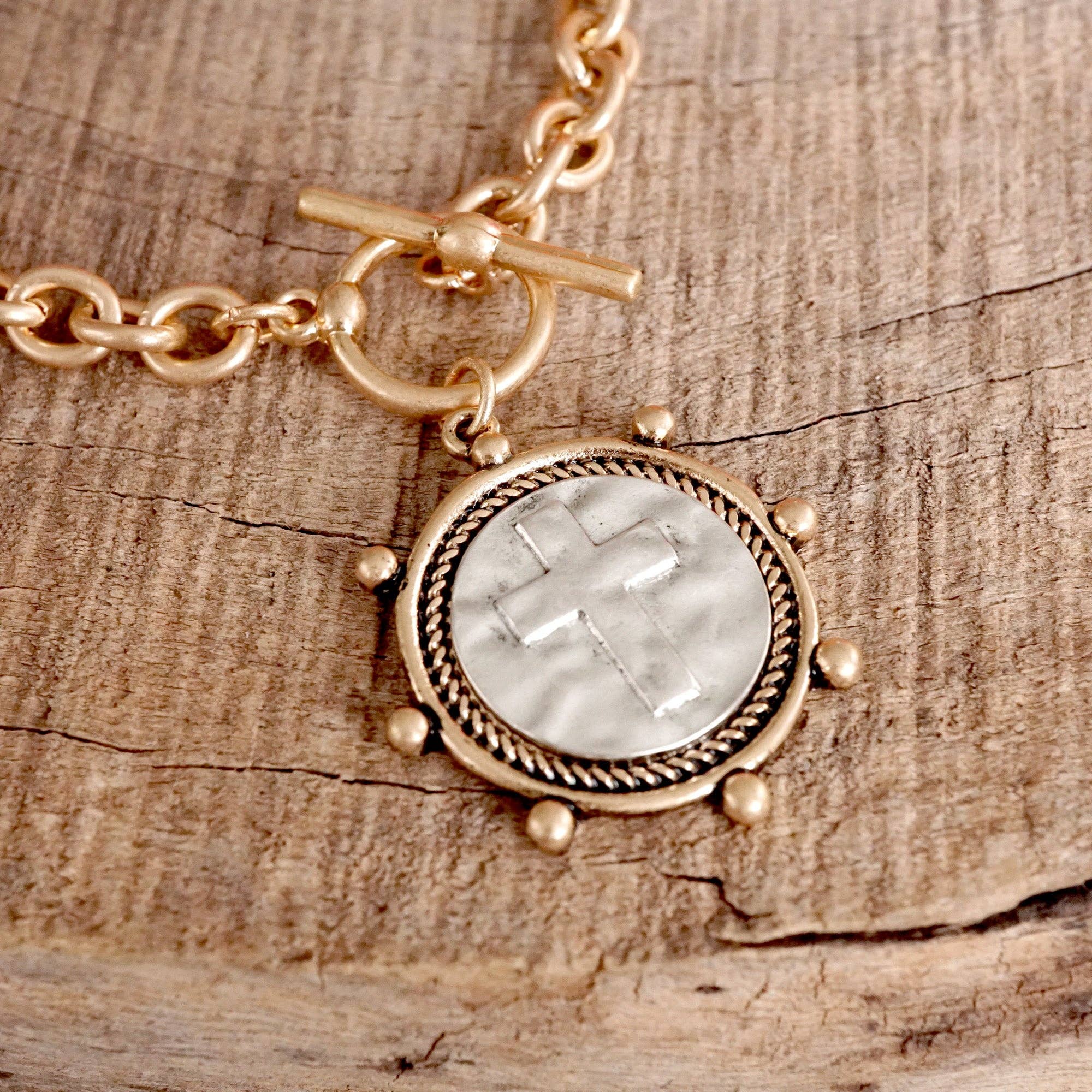 Cross Coin Chain Bracelet Toggle Closure Silver or Gold Tone - Image 4
