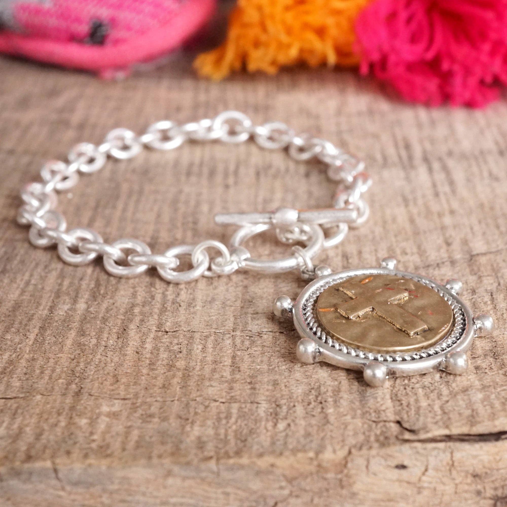 Cross Coin Chain Bracelet Toggle Closure Silver or Gold Tone - Image 5