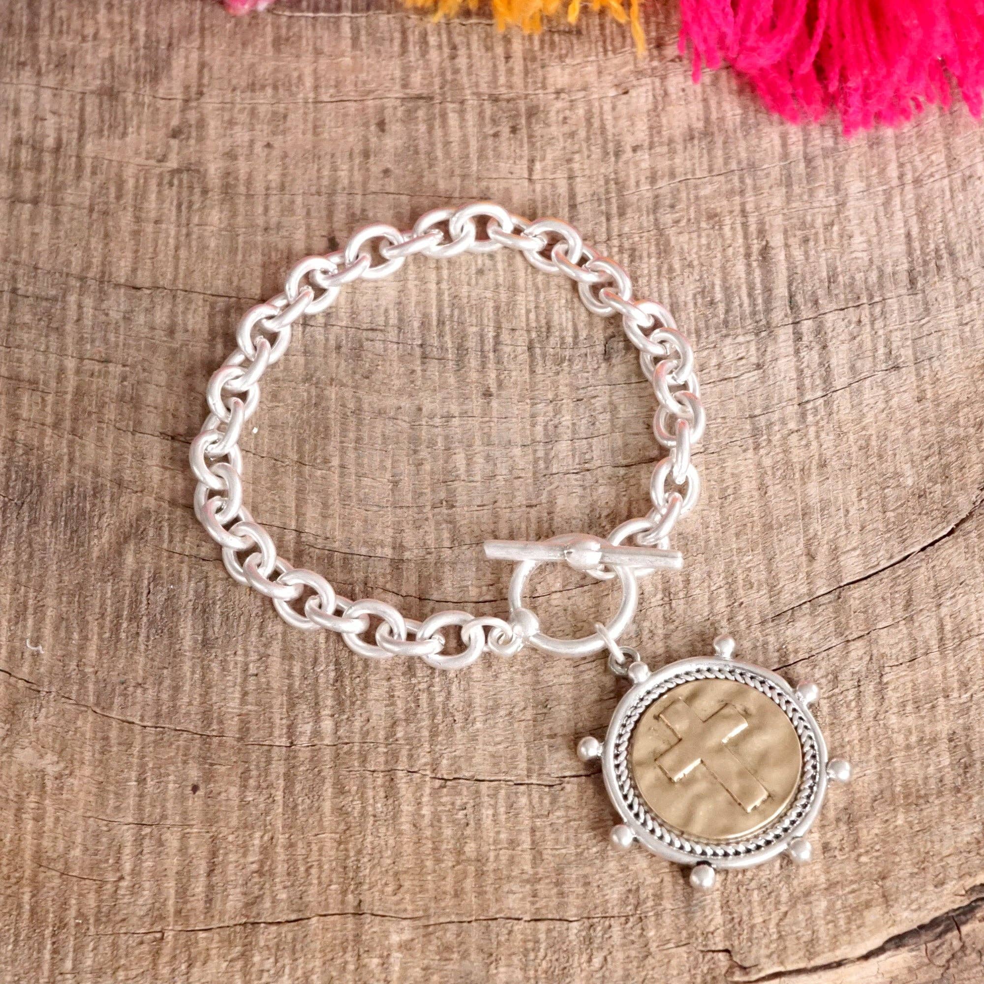 Cross Coin Chain Bracelet Toggle Closure Silver or Gold Tone - Image 6
