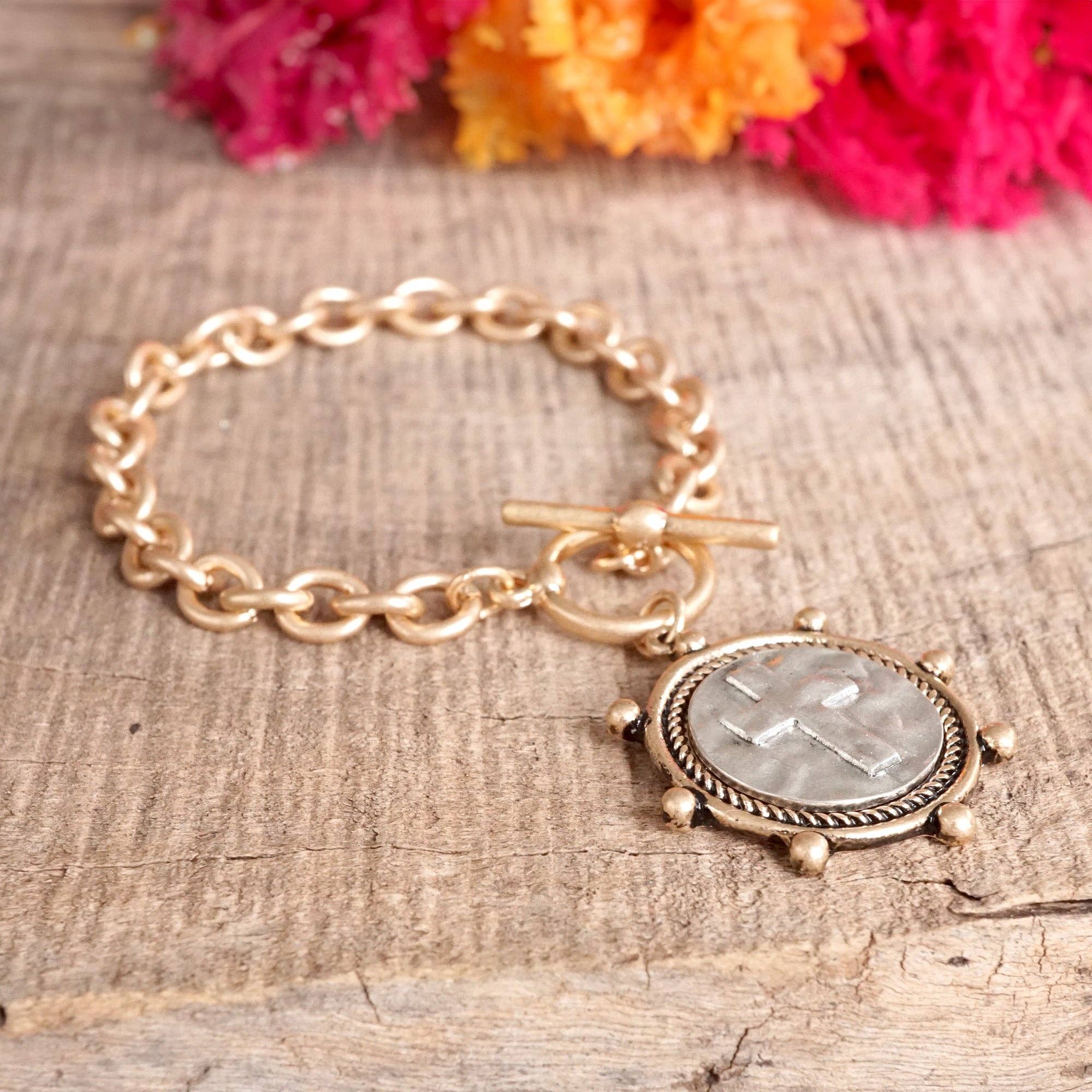 Cross Coin Chain Bracelet Toggle Closure Silver or Gold Tone - Image 7