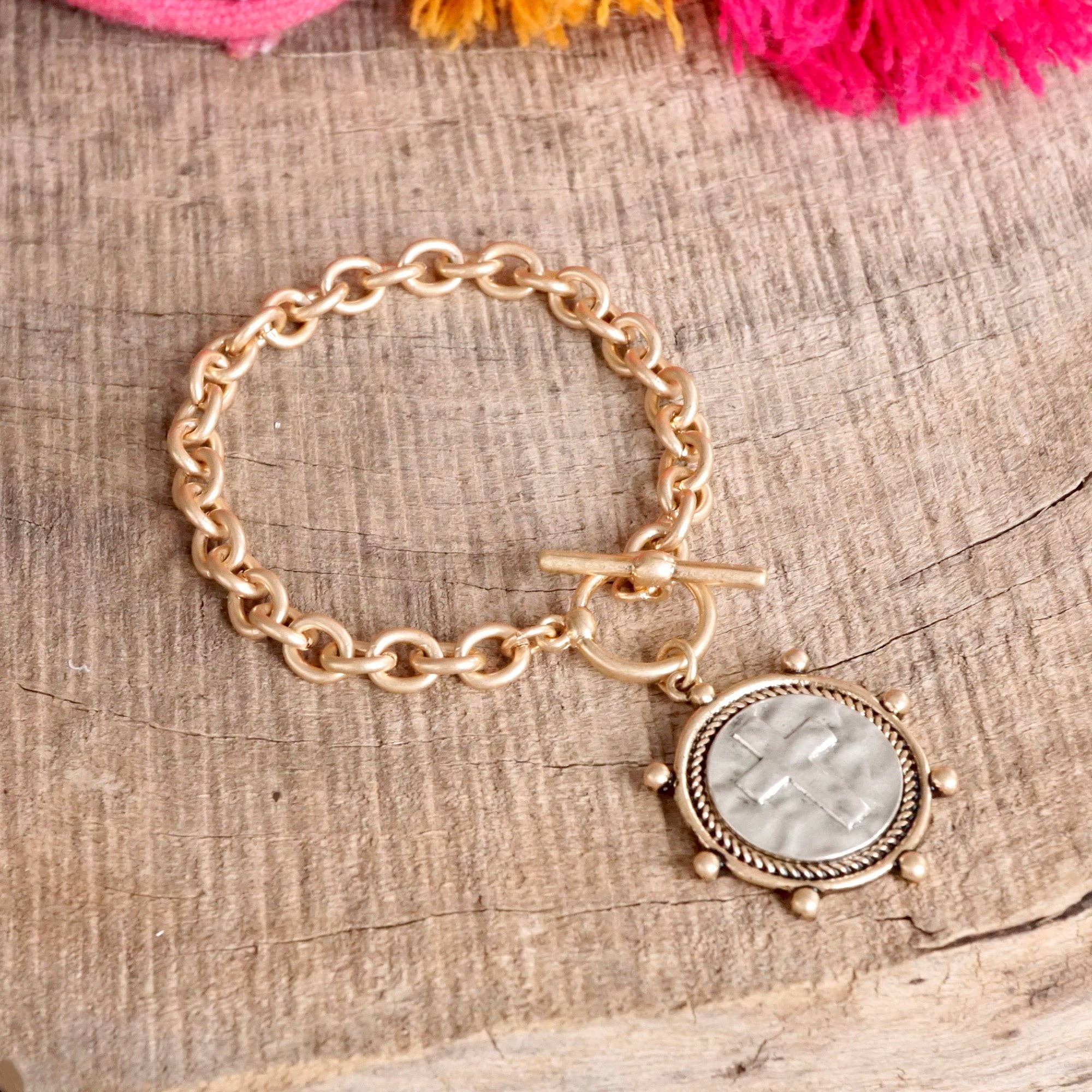 Cross Coin Chain Bracelet Toggle Closure Silver or Gold Tone - Image 8