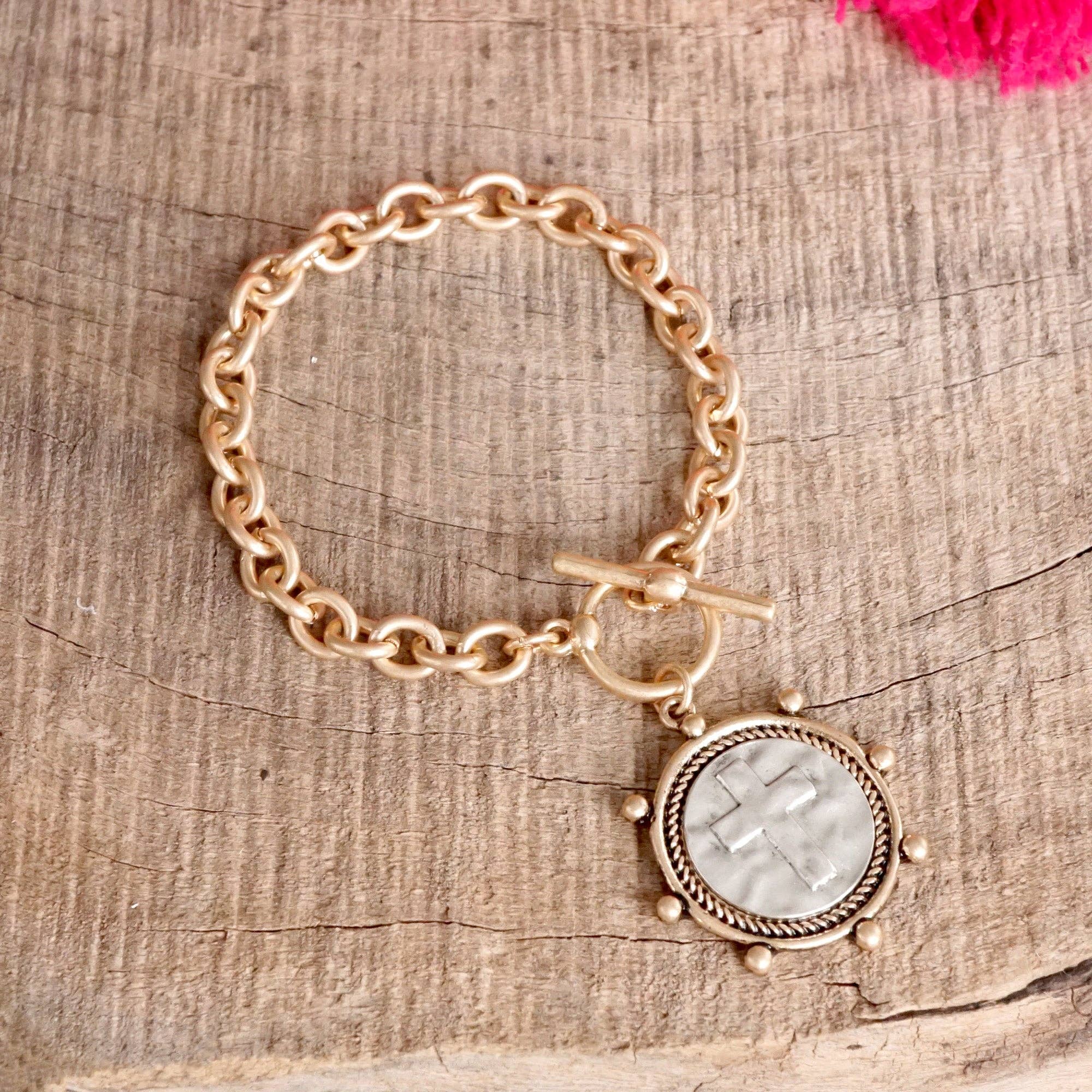 Cross Coin Chain Bracelet Toggle Closure Silver or Gold Tone - Image 9