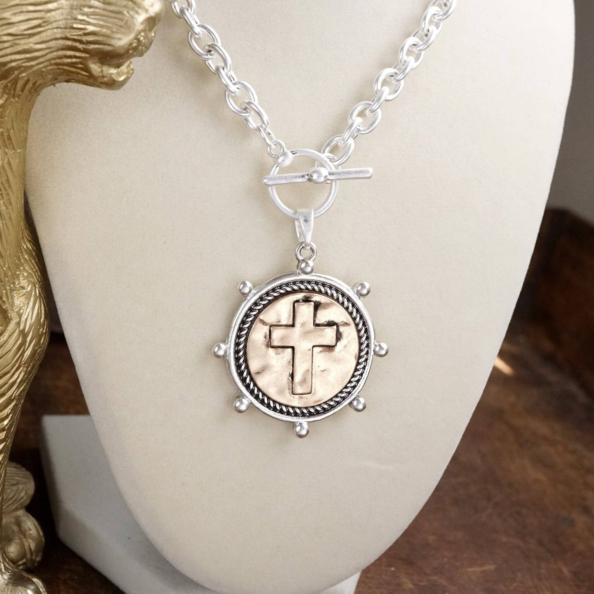 Cross Coin Chain Necklace with Front Toggle Closure – Silver or Gold Tone - Image 6