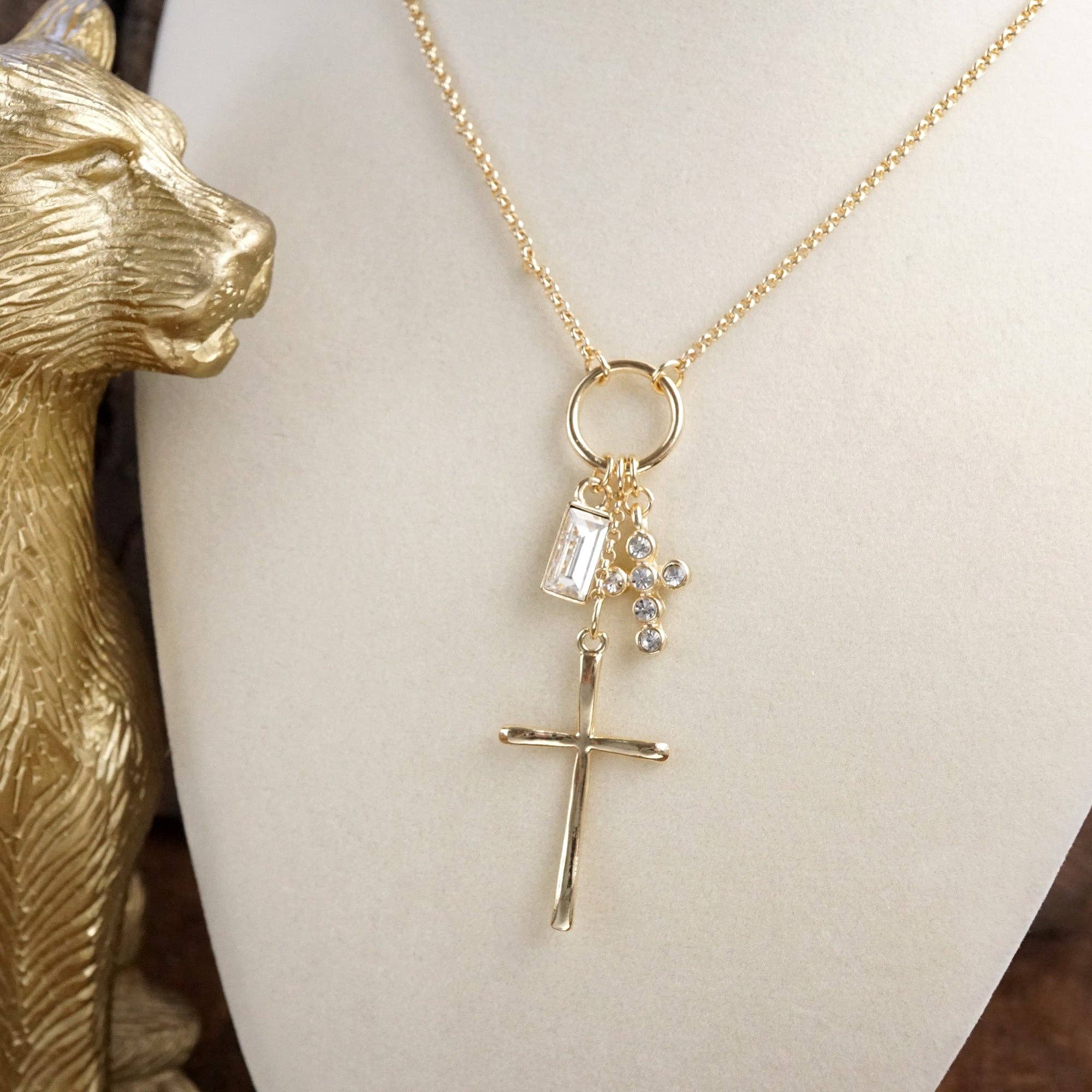Dainty Cross Charm Cluster Necklace – Gold Tone - Image 2