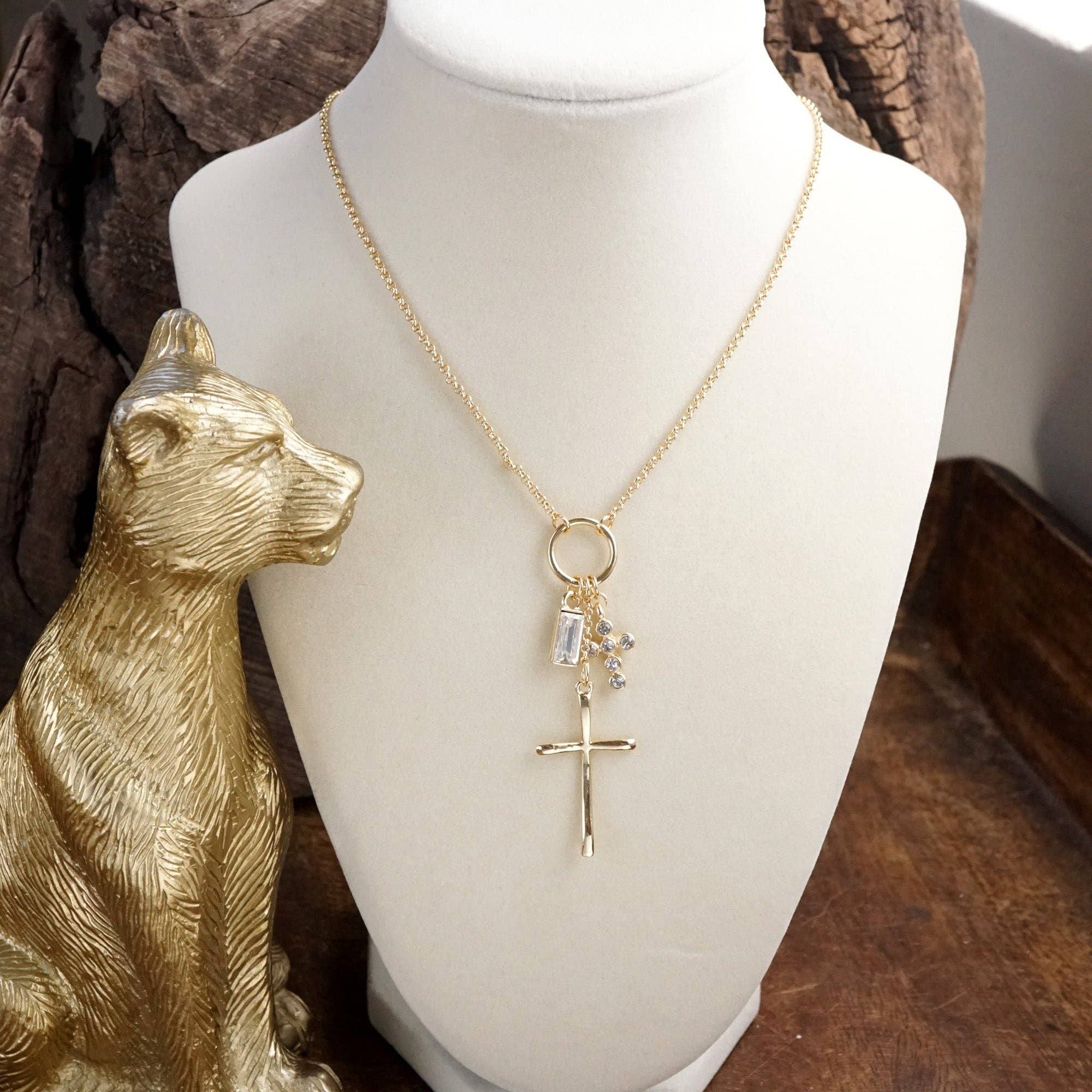 Dainty Cross Charm Cluster Necklace – Gold Tone - Image 4