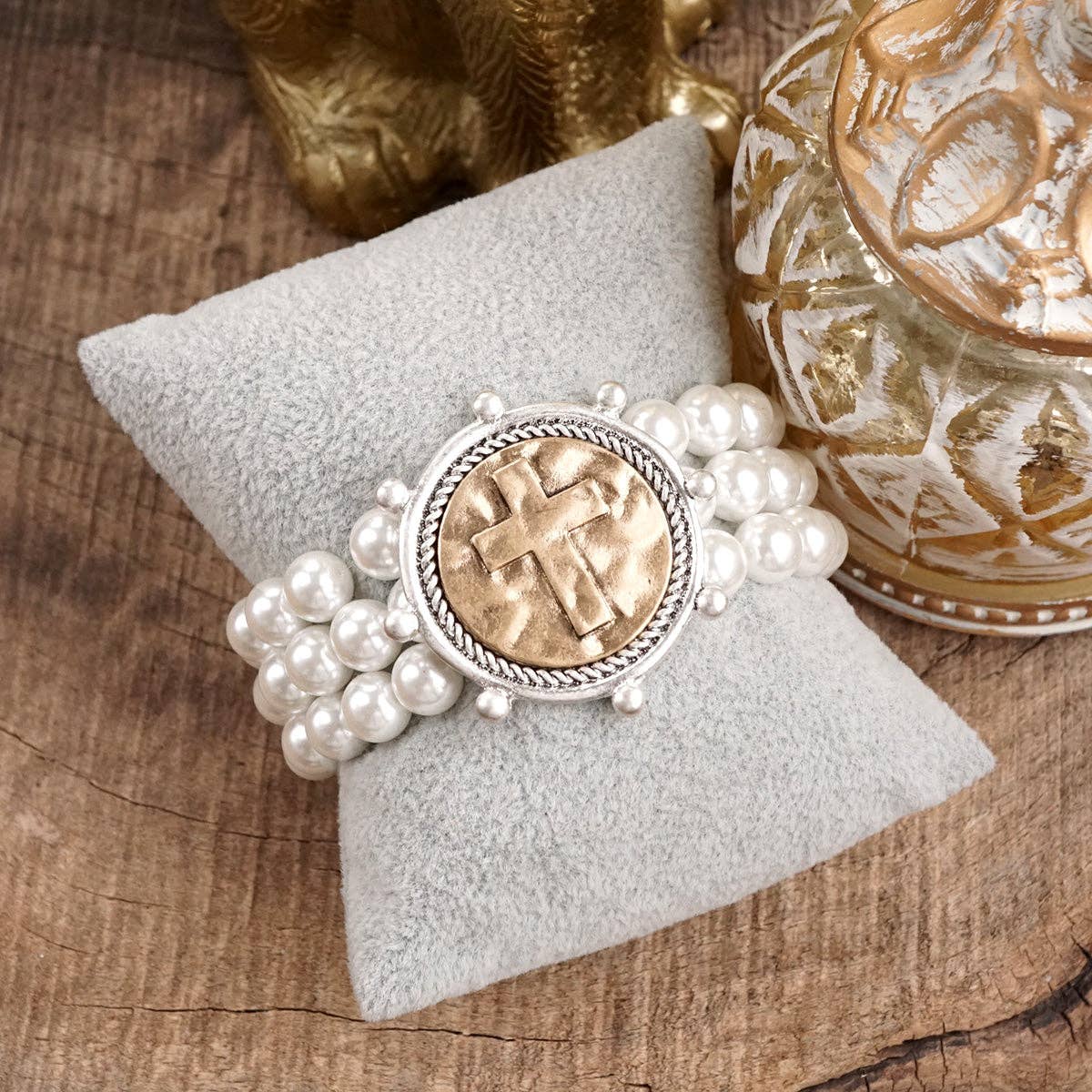 Cross Coin & Chunky Pearl 3-in-1 Statement Bracelet in Mixed Metals - Image 2