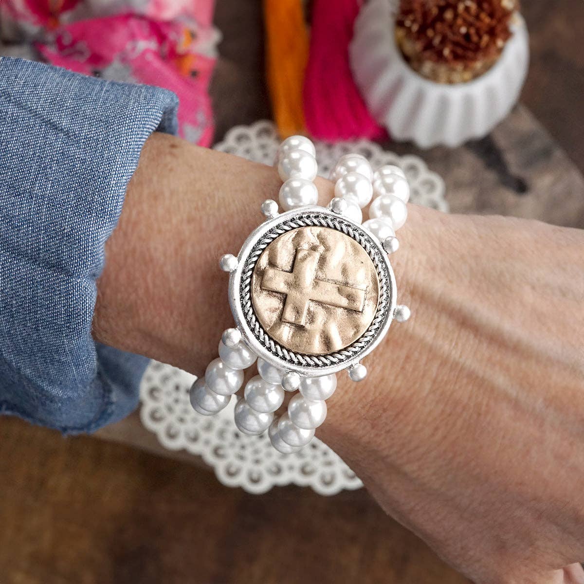 Cross Coin & Chunky Pearl 3-in-1 Statement Bracelet in Mixed Metals - Image 3