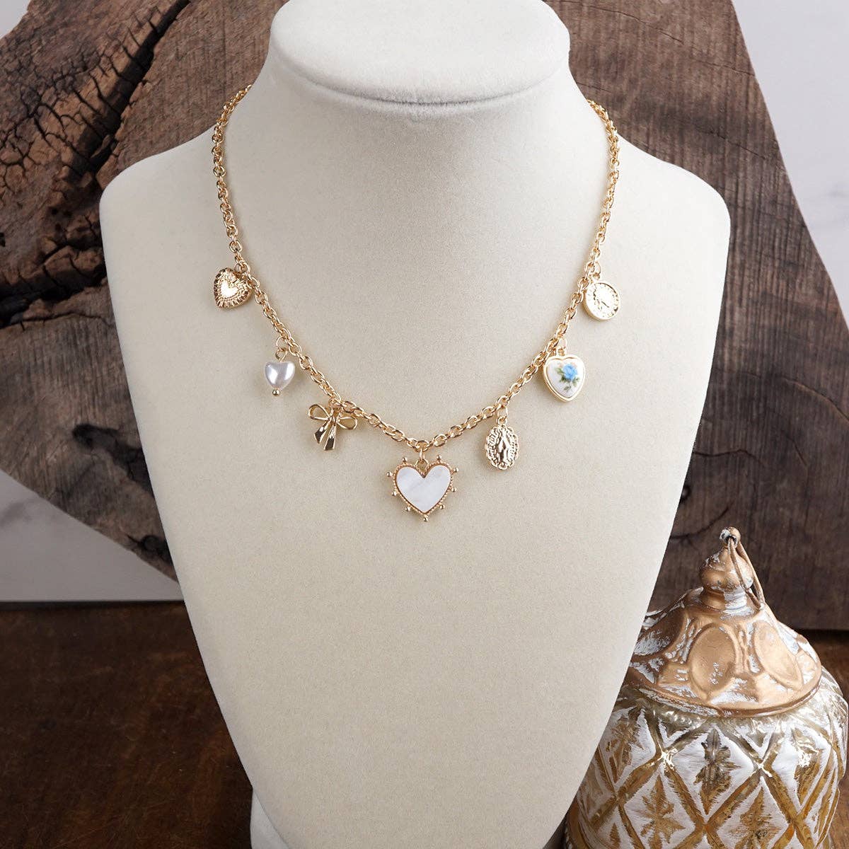 Multi-Charm Heart Necklace in Gold Tone - Image 2
