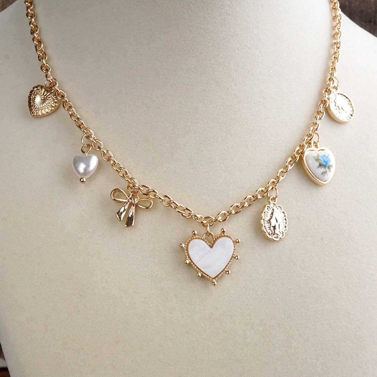 Multi-Charm Heart Necklace in Gold Tone - Image 4