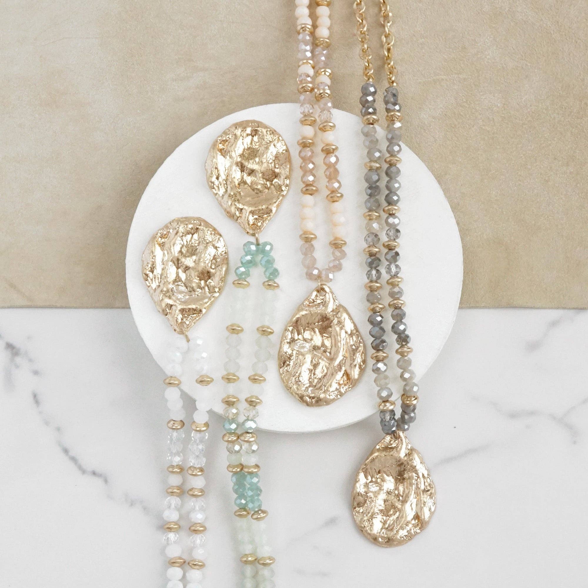 Long Beaded Necklace with Golden Teardrop Pendant - Whites - Image 2
