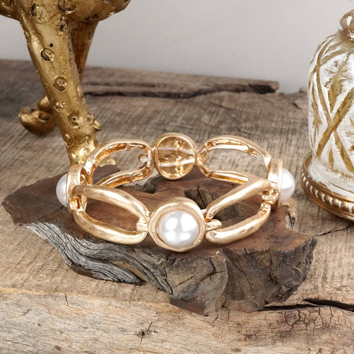 Stretchy Bangle with Pearls in Worn Gold - Image 2