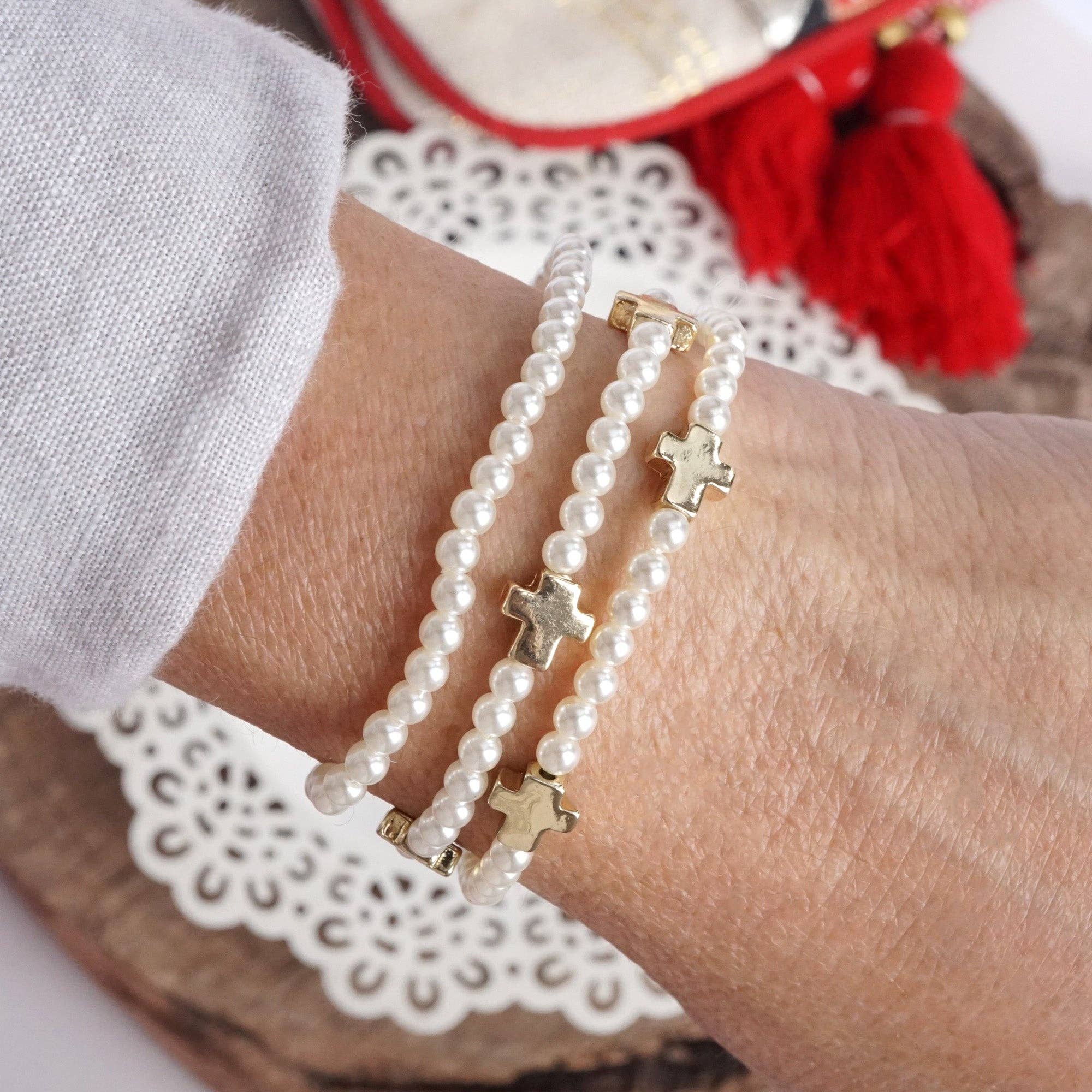 Mini Sideways Cross Bracelet stack Pearls and gold metal beads - Image 2