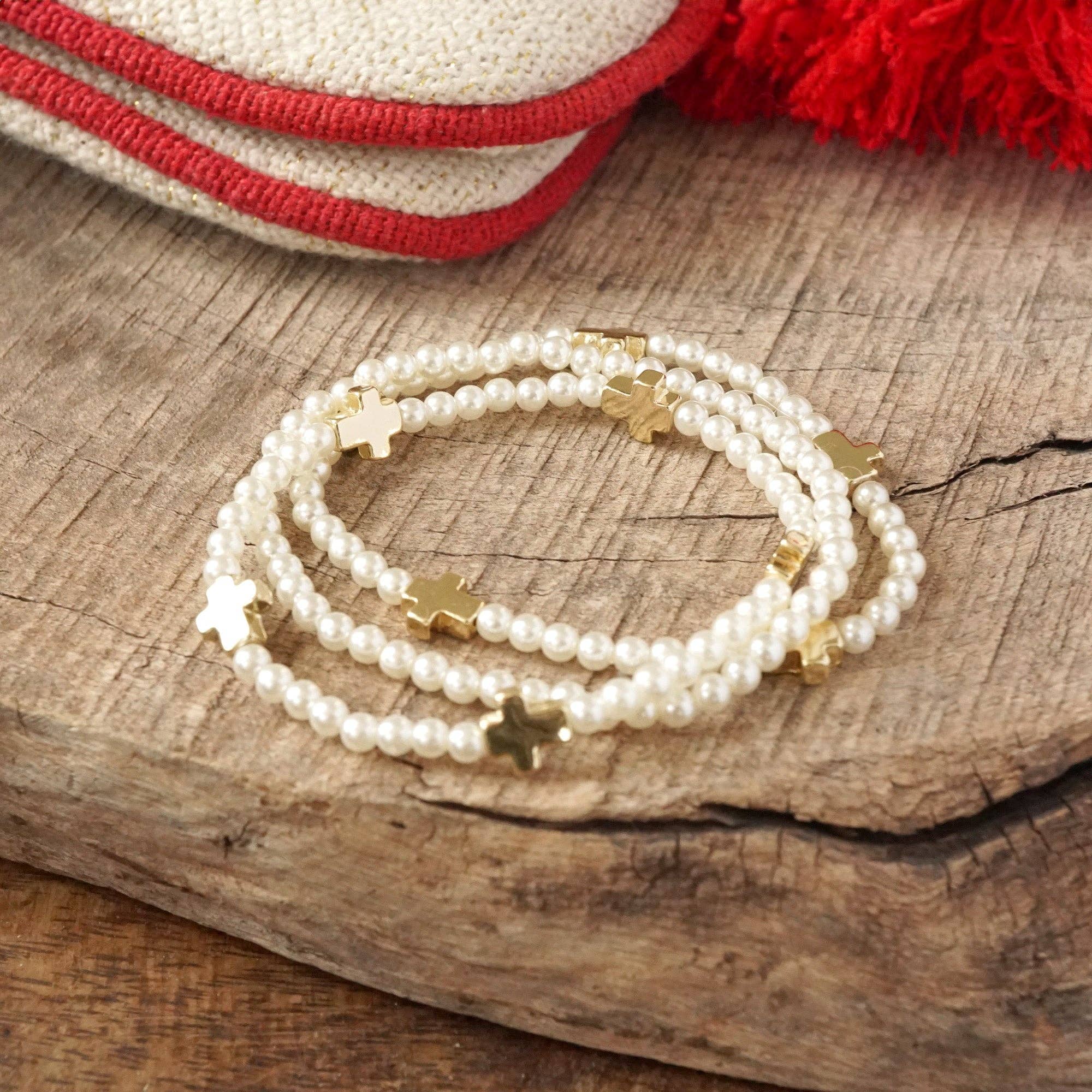 Mini Sideways Cross Bracelet stack Pearls and gold metal beads - Image 3