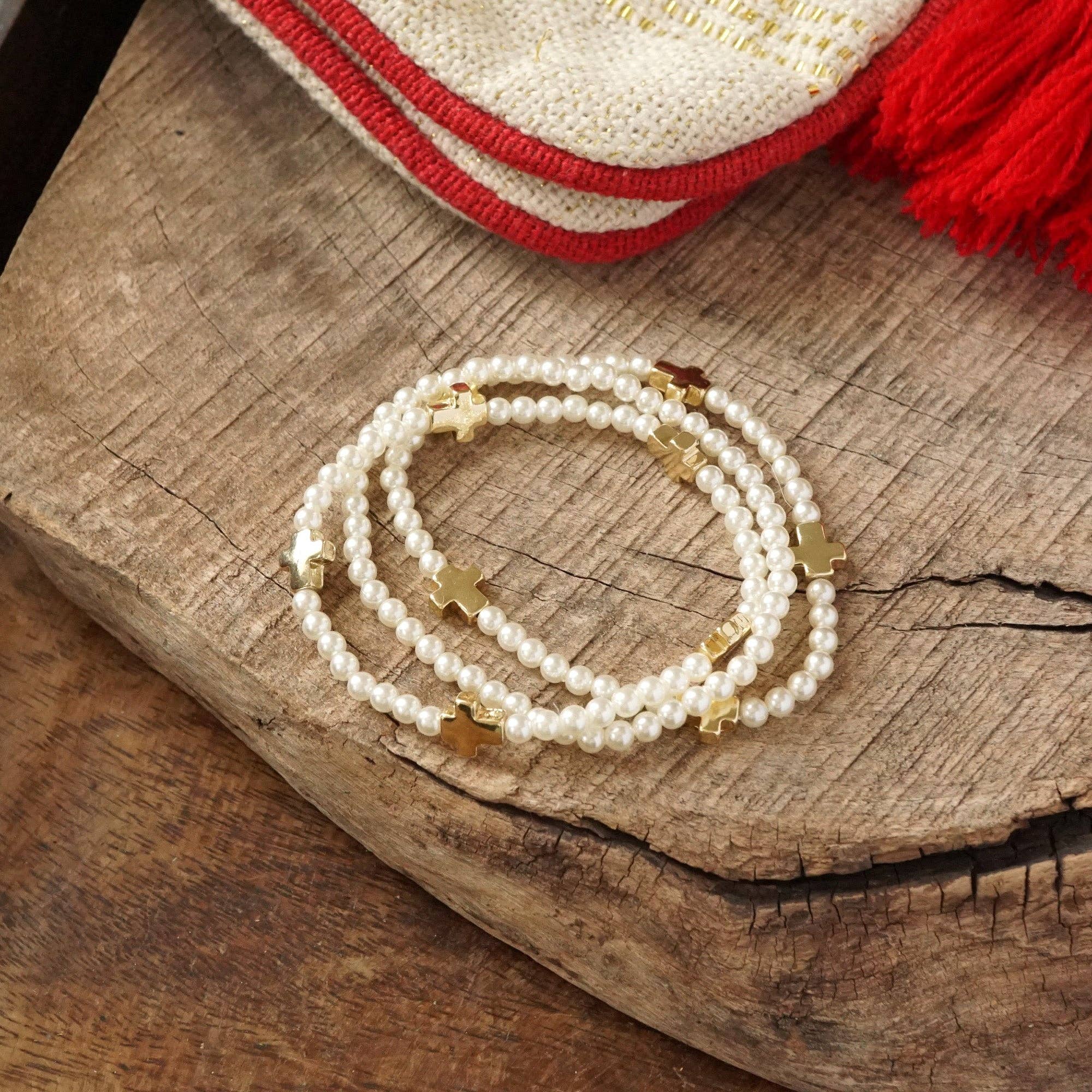 Mini Sideways Cross Bracelet stack Pearls and gold metal beads - Image 4