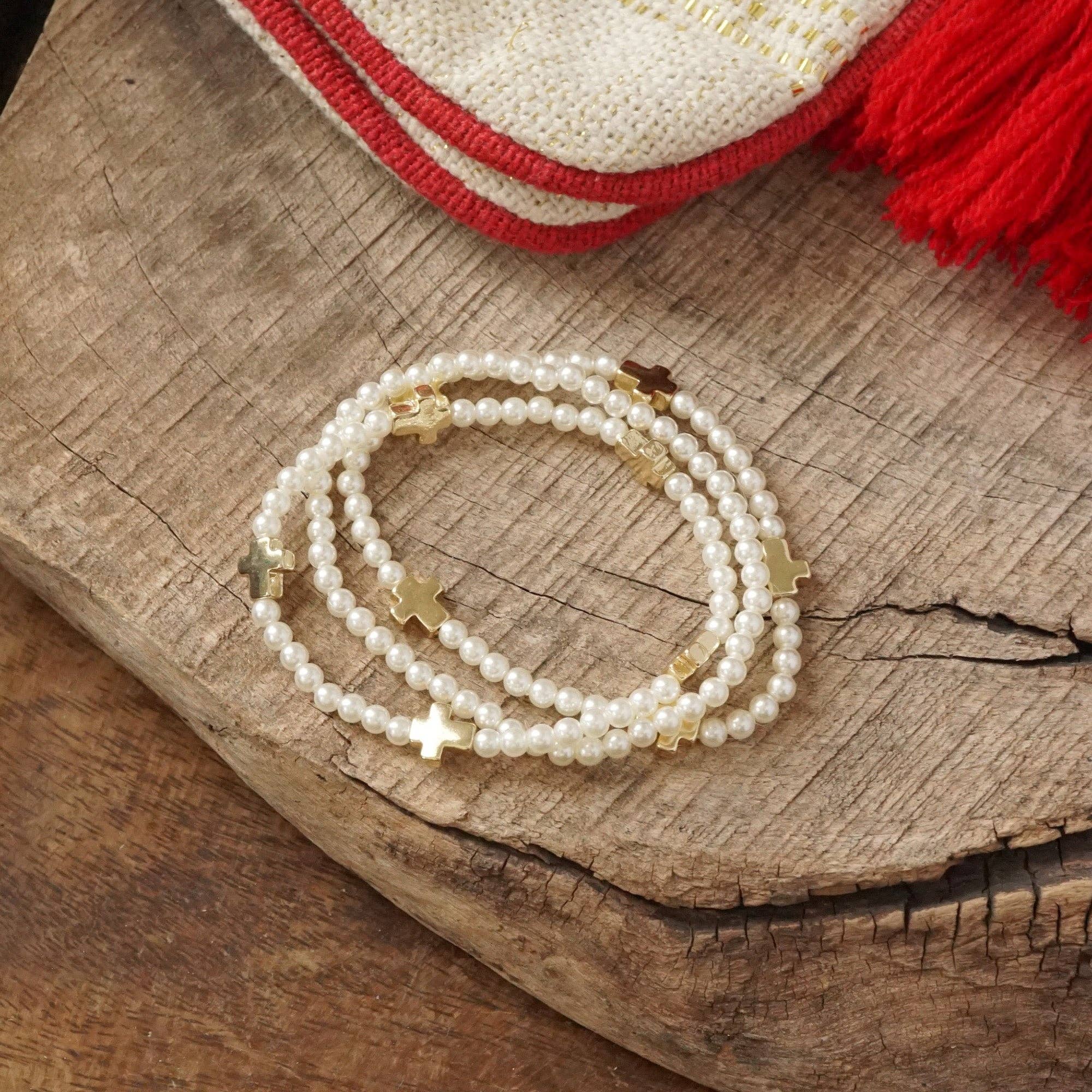 Mini Sideways Cross Bracelet stack Pearls and gold metal beads - Image 5