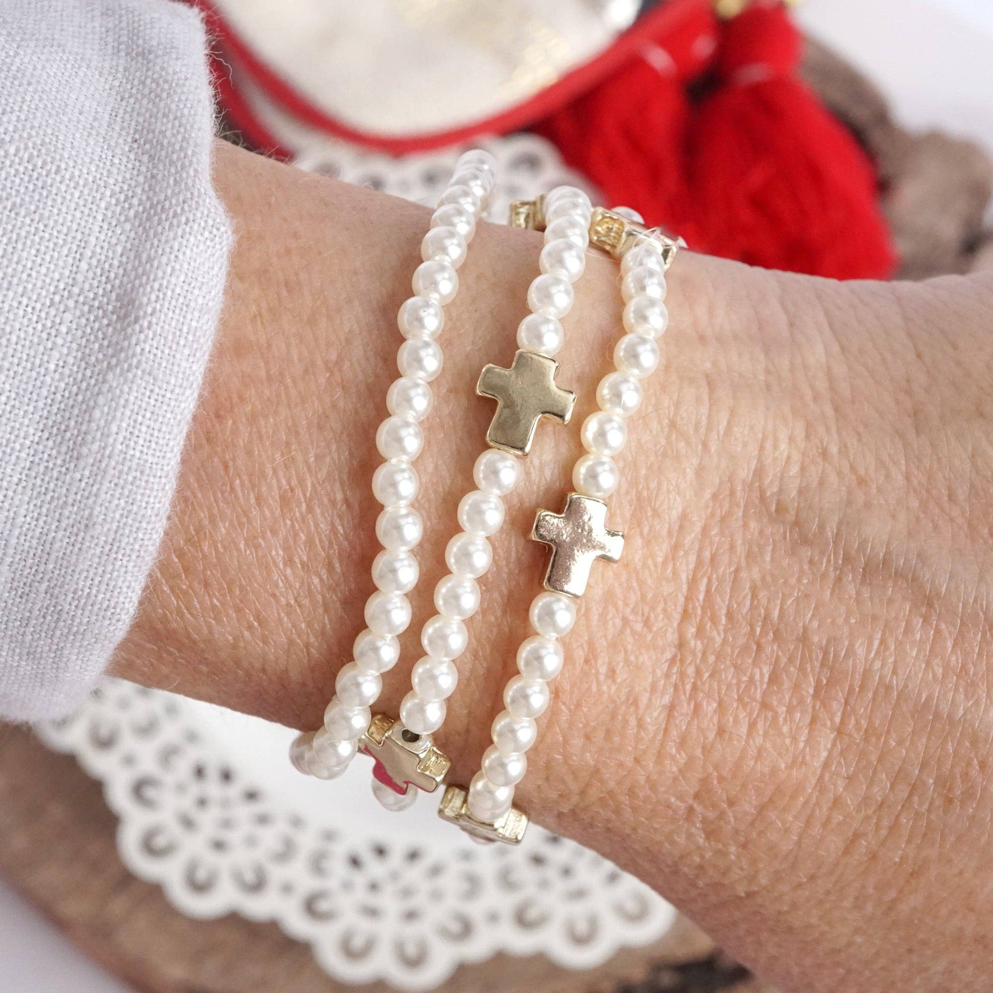 Mini Sideways Cross Bracelet stack Pearls and gold metal beads - Image 6