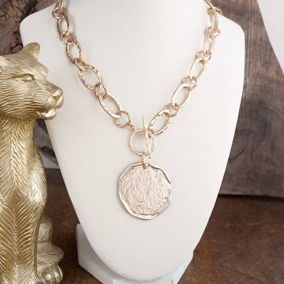 Nomad Glow – Front Toggle Statement Necklace with Hammered Disc - Image 2